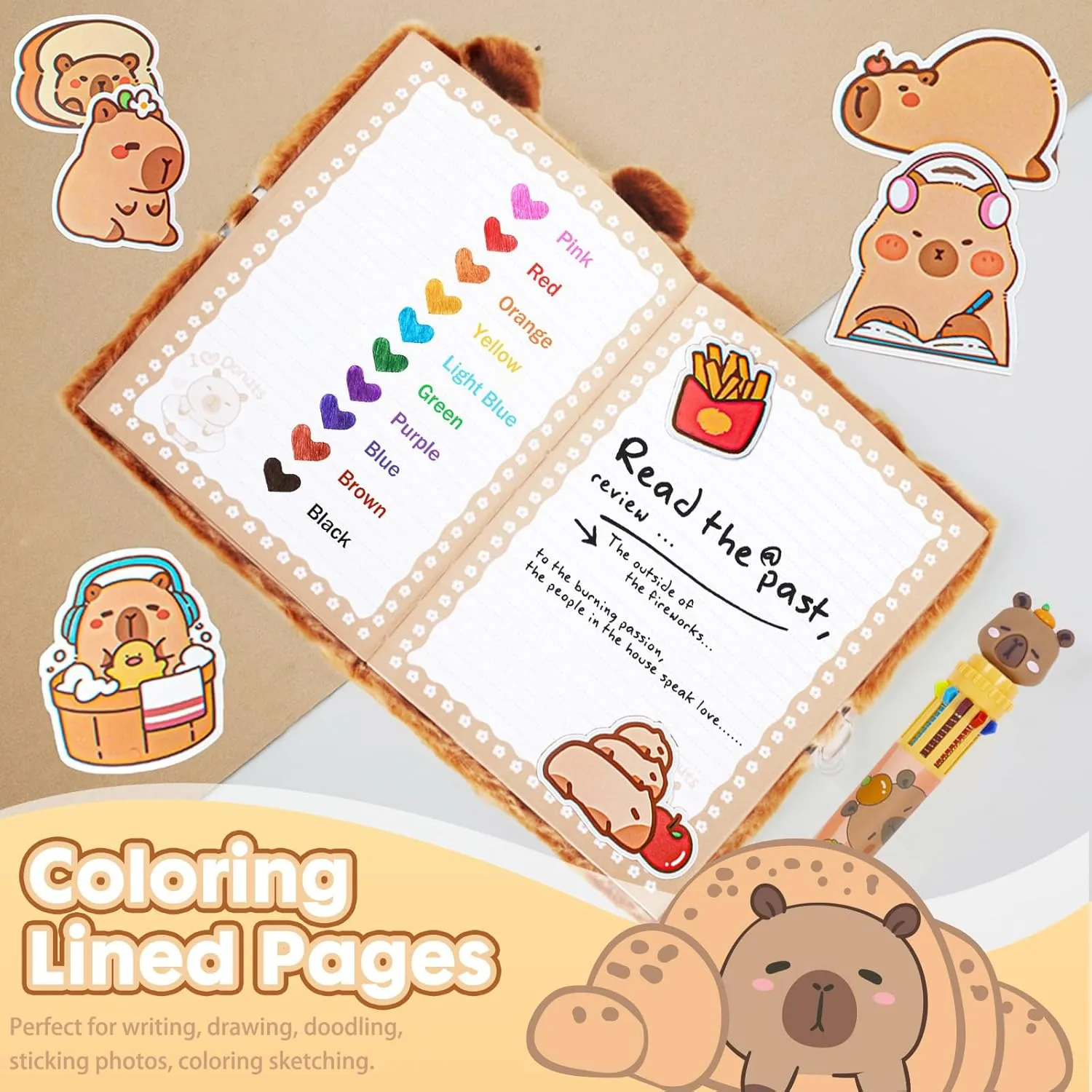 Capybara Gifts for Girls, Kids Capybara Plush Toys Set with Capybara Stuffed Animal, Secret Diary, Ballpoint Pen, Stickers, Birthday Gifts for Little Girls Age 5 6 7 8 9 10-12 Years Old
