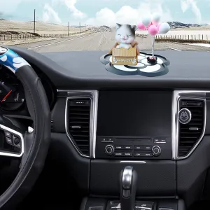 Car Dashboard Ornaments Nodding Head Lucky Cat Pet Toy with Colorful Balloon Decoration and Camellia Car Anti-Slip Dashboard Mat Auto Car Interior Doll Accessories for Women Girls