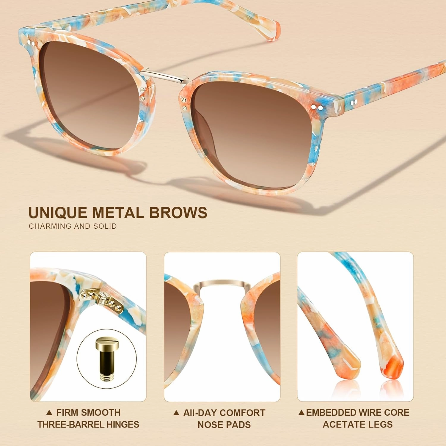 CARFIA Fashion Acetate Polarized Womens Sunglasses Small Face Retro Metal Bridge Sunnies CA5015