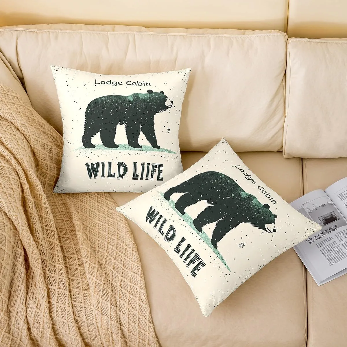 Cartoon Bear Pillow Cover 18x18 Inch Cute Black Green Graffiti Wild Animal Cushion Cover for Kids Boys Girls Teens Lodge Cabin Jungle Farmhouse Style Cushion Case for Bedroom
