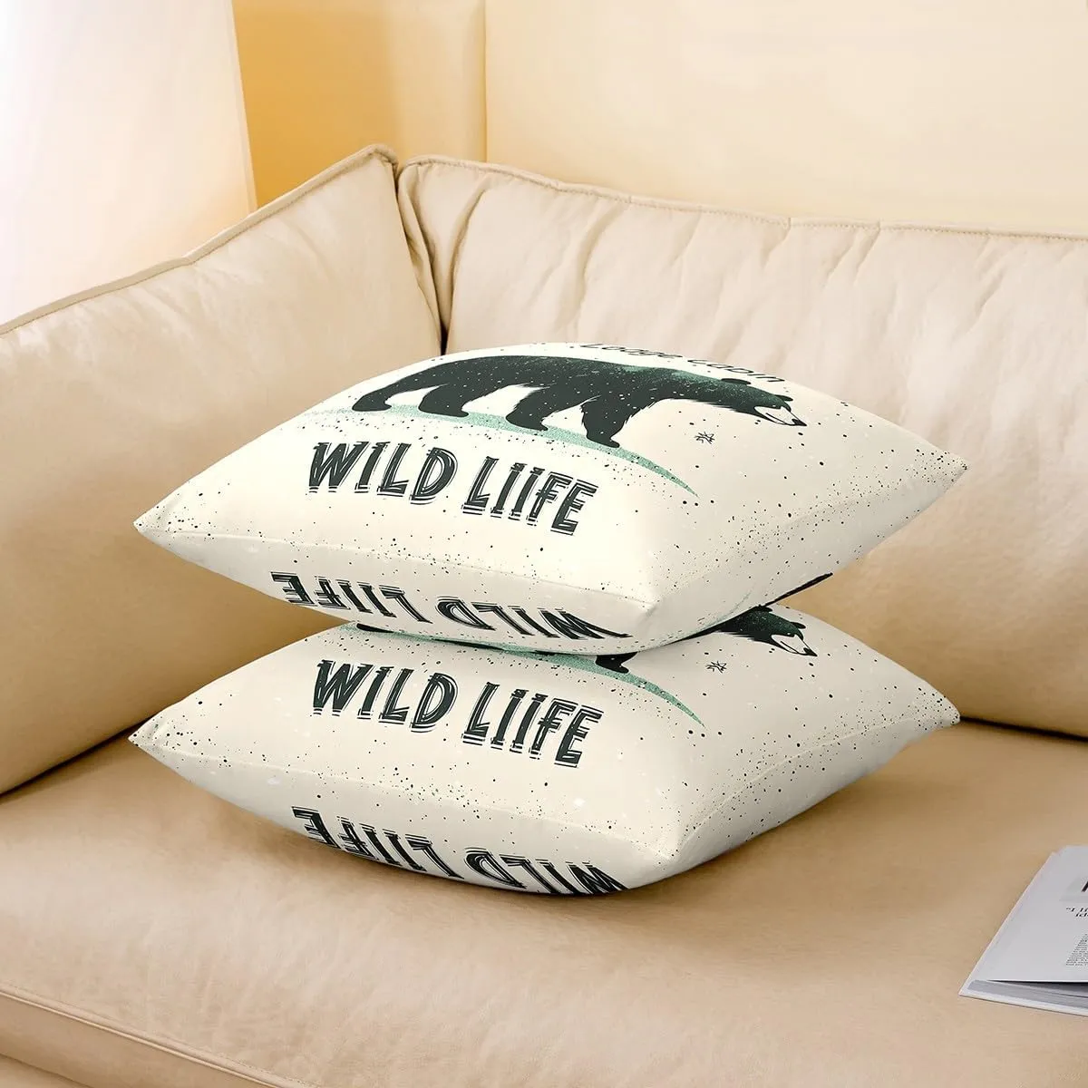 Cartoon Bear Pillow Cover 18x18 Inch Cute Black Green Graffiti Wild Animal Cushion Cover for Kids Boys Girls Teens Lodge Cabin Jungle Farmhouse Style Cushion Case for Bedroom