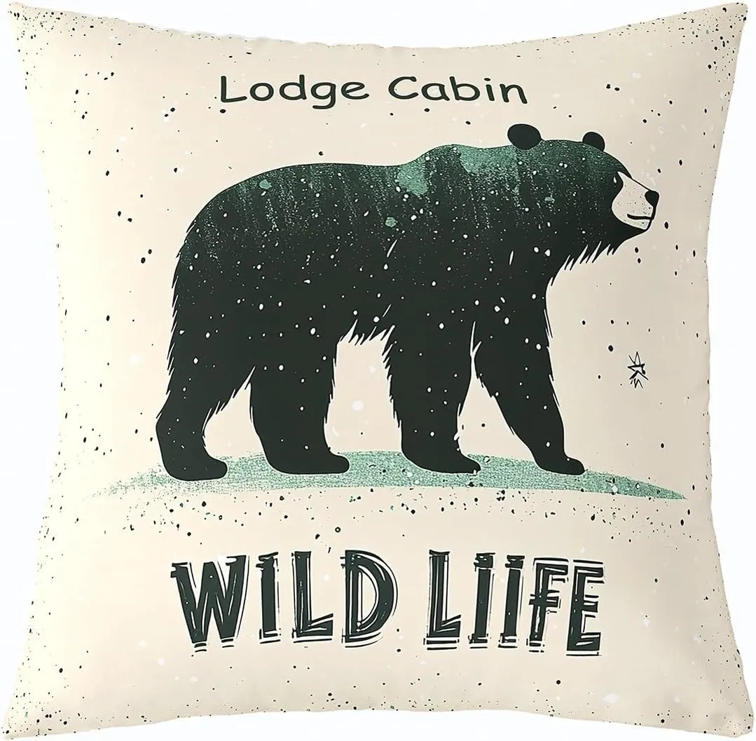 Cartoon Bear Pillow Cover 18x18 Inch Cute Black Green Graffiti Wild Animal Cushion Cover for Kids Boys Girls Teens Lodge Cabin Jungle Farmhouse Style Cushion Case for Bedroom