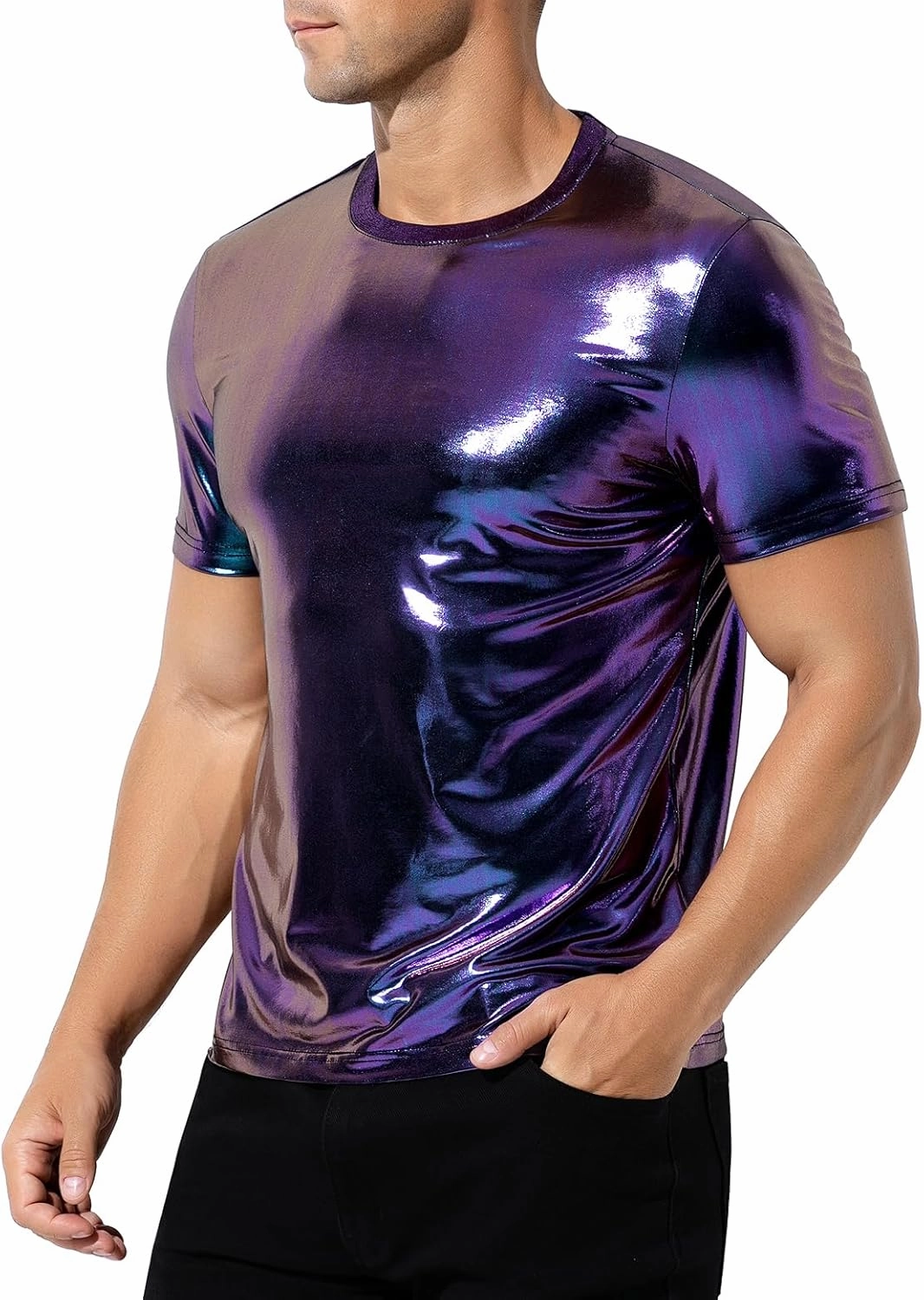 Casey Kevin Mens Metallic T-Shirts 70s Disco Outfits for Mens Holographic Short Sleeve Shiny Tops