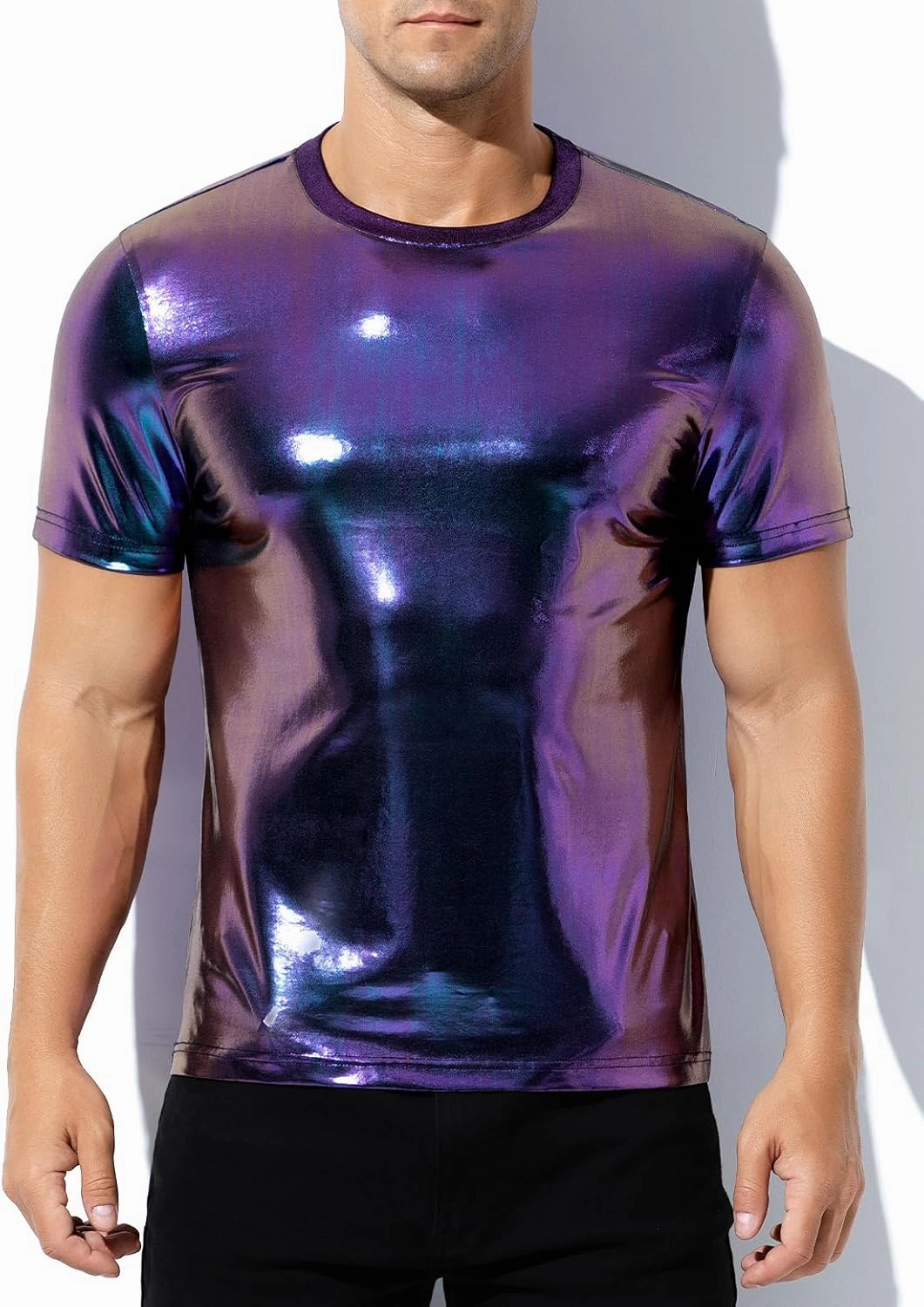 Casey Kevin Mens Metallic T-Shirts 70s Disco Outfits for Mens Holographic Short Sleeve Shiny Tops