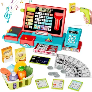 Cash Register Playset Toy for Kids, Real Calculator Register, Pretend Play Store with Music, Scanner, Play Money, Food, Preschool Learning Toy Playset Gift (Blue Red)