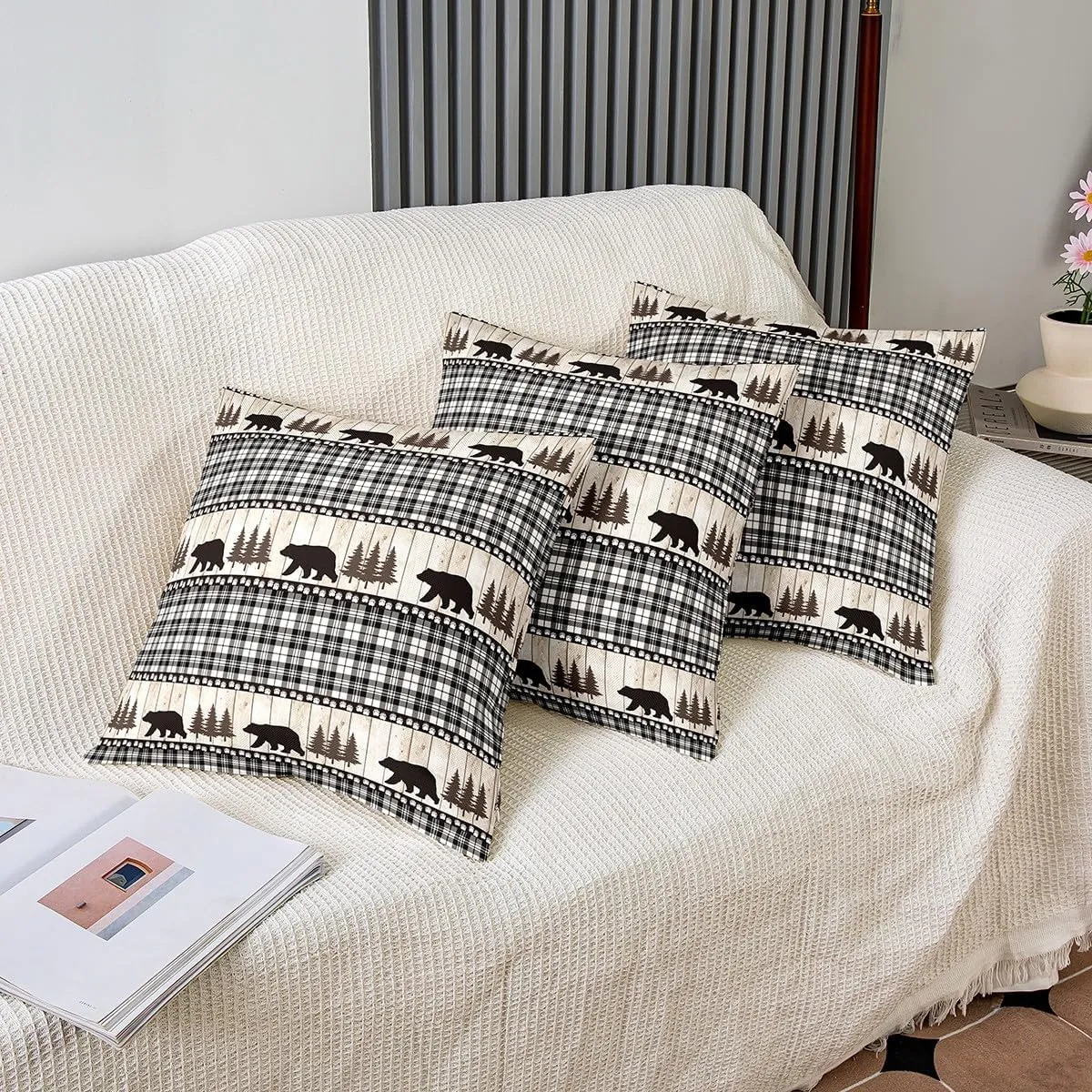Castle Fairy Bear Wildlife Paw Pine Tree Plaid Print Reversible Print Pillow Cover,Rustic Farmhouse Decorative Cushion Cover for Bed or Sofa,Wild Animal Bear Couch 20"x 20" Pillow Cover,