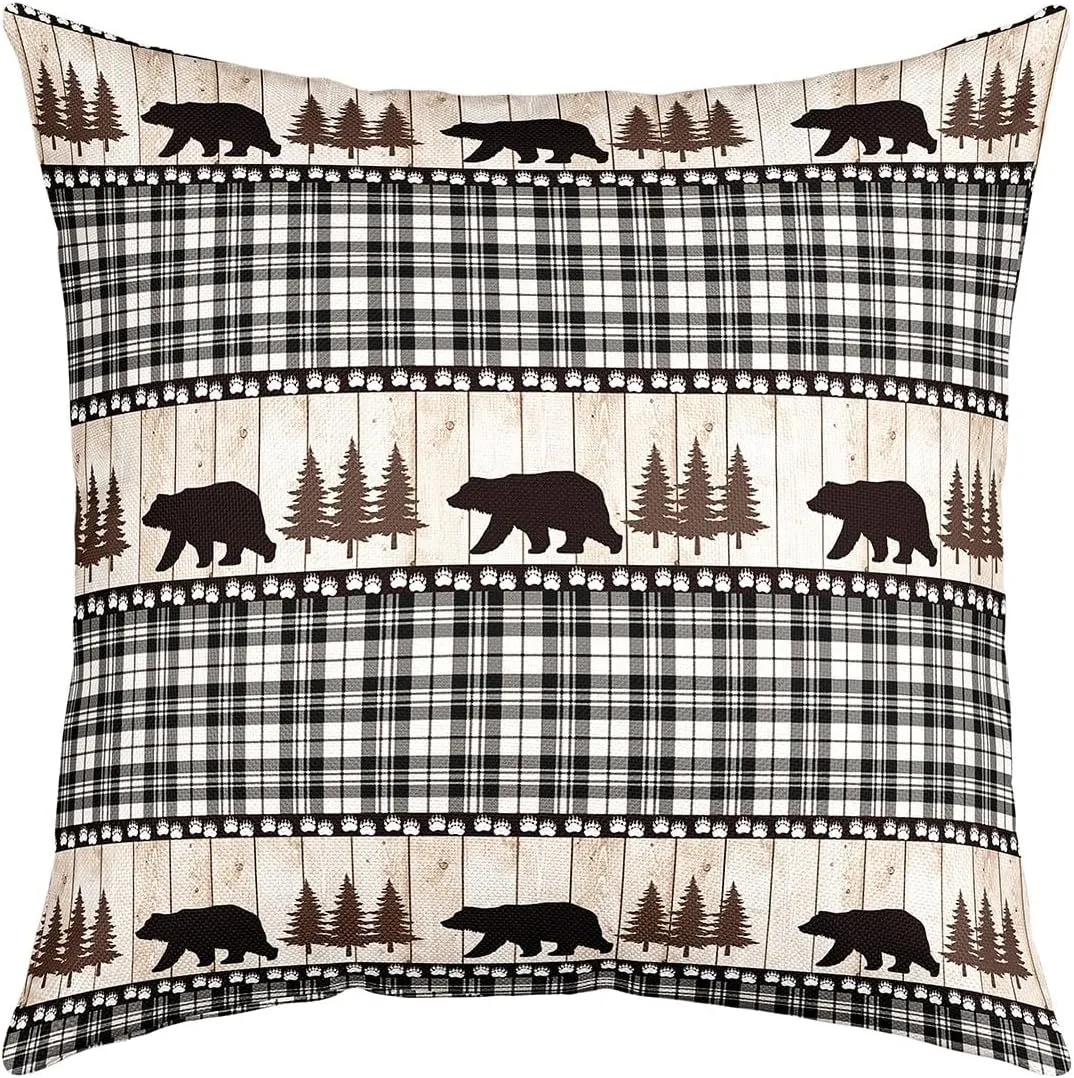 Castle Fairy Bear Wildlife Paw Pine Tree Plaid Print Reversible Print Pillow Cover,Rustic Farmhouse Decorative Cushion Cover for Bed or Sofa,Wild Animal Bear Couch 20"x 20" Pillow Cover,