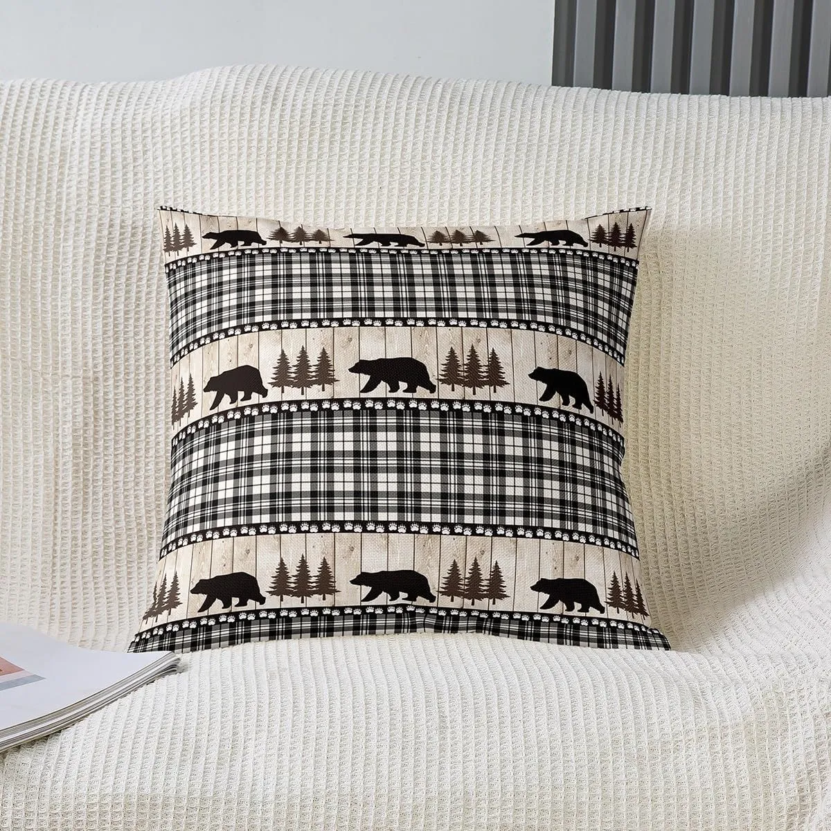 Castle Fairy Bear Wildlife Paw Pine Tree Plaid Print Reversible Print Pillow Cover,Rustic Farmhouse Decorative Cushion Cover for Bed or Sofa,Wild Animal Bear Couch 20"x 20" Pillow Cover,