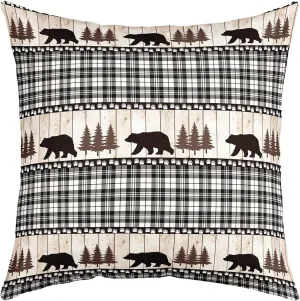 Castle Fairy Bear Wildlife Paw Pine Tree Plaid Print Reversible Print Pillow Cover,Rustic Farmhouse Decorative Cushion Cover for Bed or Sofa,Wild Animal Bear Couch 20"x 20" Pillow Cover,