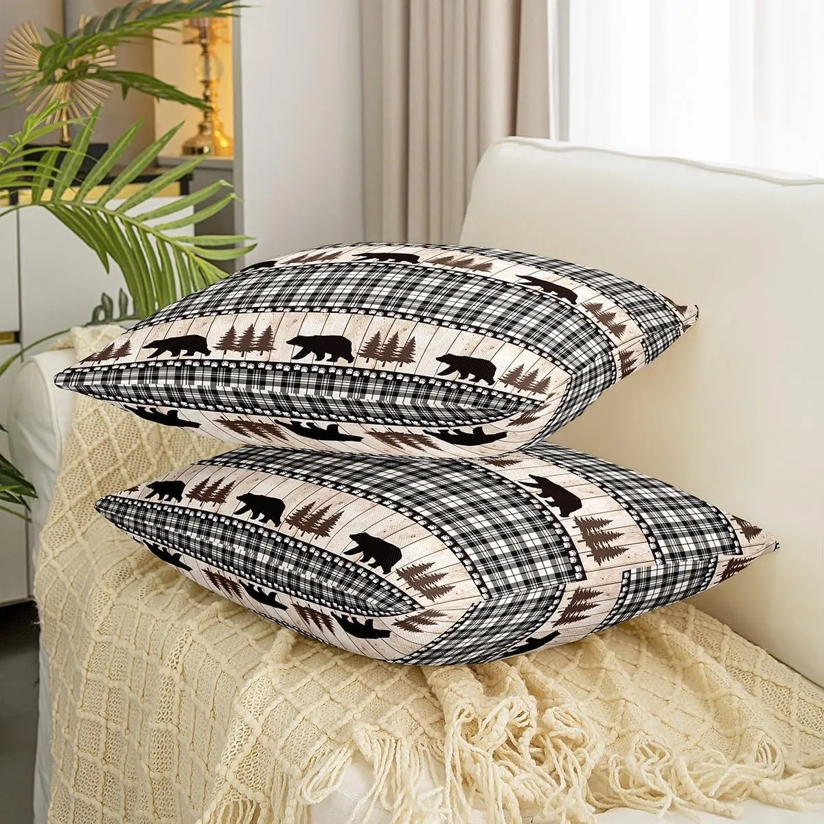 Castle Fairy Bear Wildlife Paw Pine Tree Plaid Print Reversible Print Pillow Cover,Rustic Farmhouse Decorative Cushion Cover for Bed or Sofa,Wild Animal Bear Couch 20"x 20" Pillow Cover,
