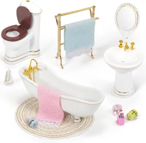 Ceramic Dollhouse Furniture 1 12 Scale, Doll House Furniture Toys for Dollhouse Bathroom Incl Toilet Bathtub Washbasin Towel Rack and Other Miniture House Furniture and Accessories