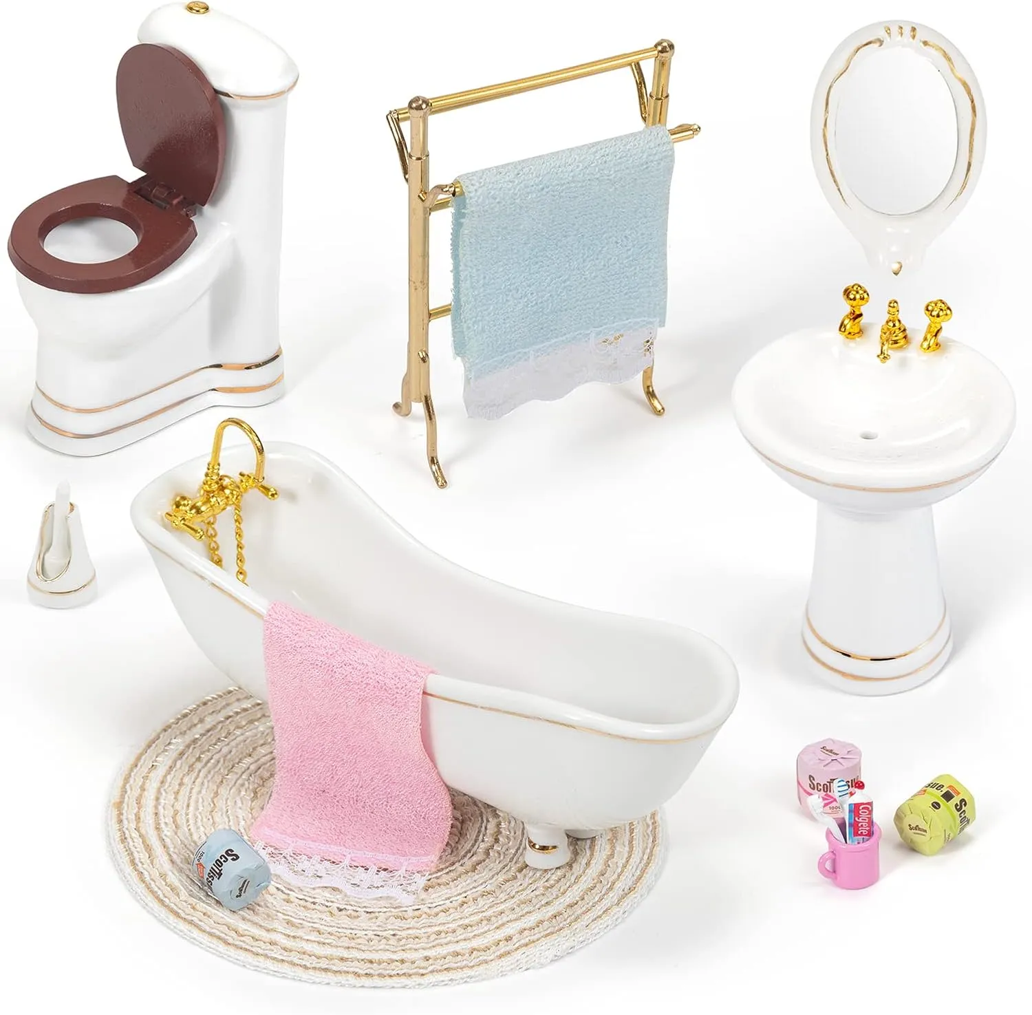 Ceramic Dollhouse Furniture 1 12 Scale, Doll House Furniture Toys for Dollhouse Bathroom Incl Toilet Bathtub Washbasin Towel Rack and Other Miniture House Furniture and Accessories