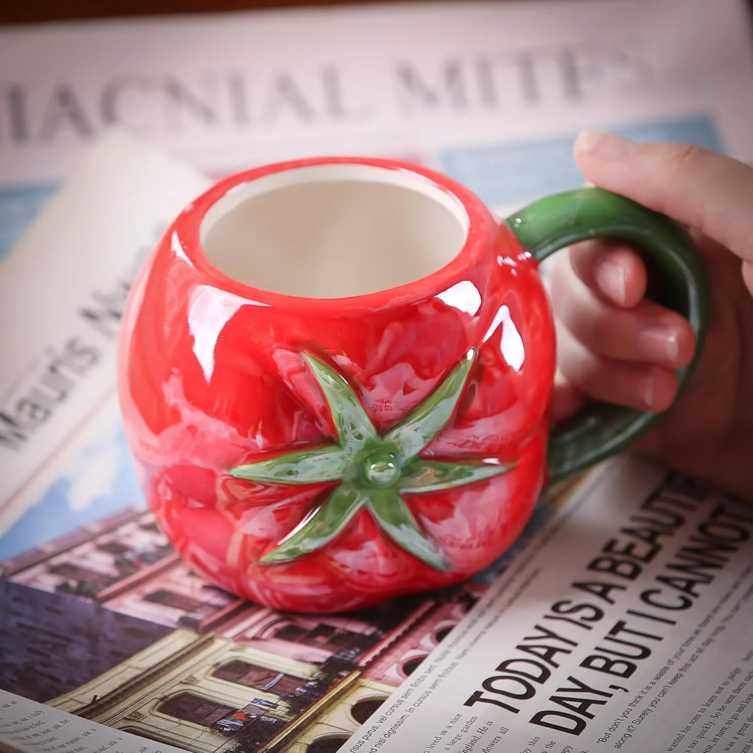 Ceramic Mug for Home & Office, Creative Porcelain 3D Vegetable Cup with Handle for Coffee, Tea, Juice, Milk & Water, 16.5oz. Tomato Shape Mug Gift, 3.5" H