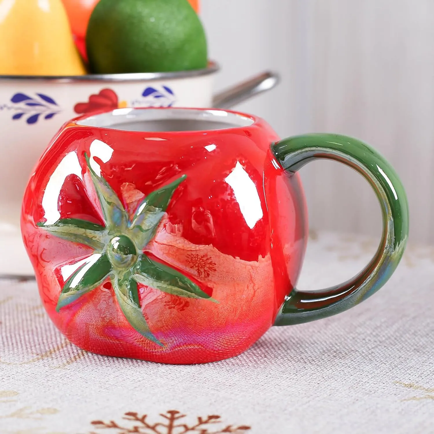 Ceramic Mug for Home & Office, Creative Porcelain 3D Vegetable Cup with Handle for Coffee, Tea, Juice, Milk & Water, 16.5oz. Tomato Shape Mug Gift, 3.5" H