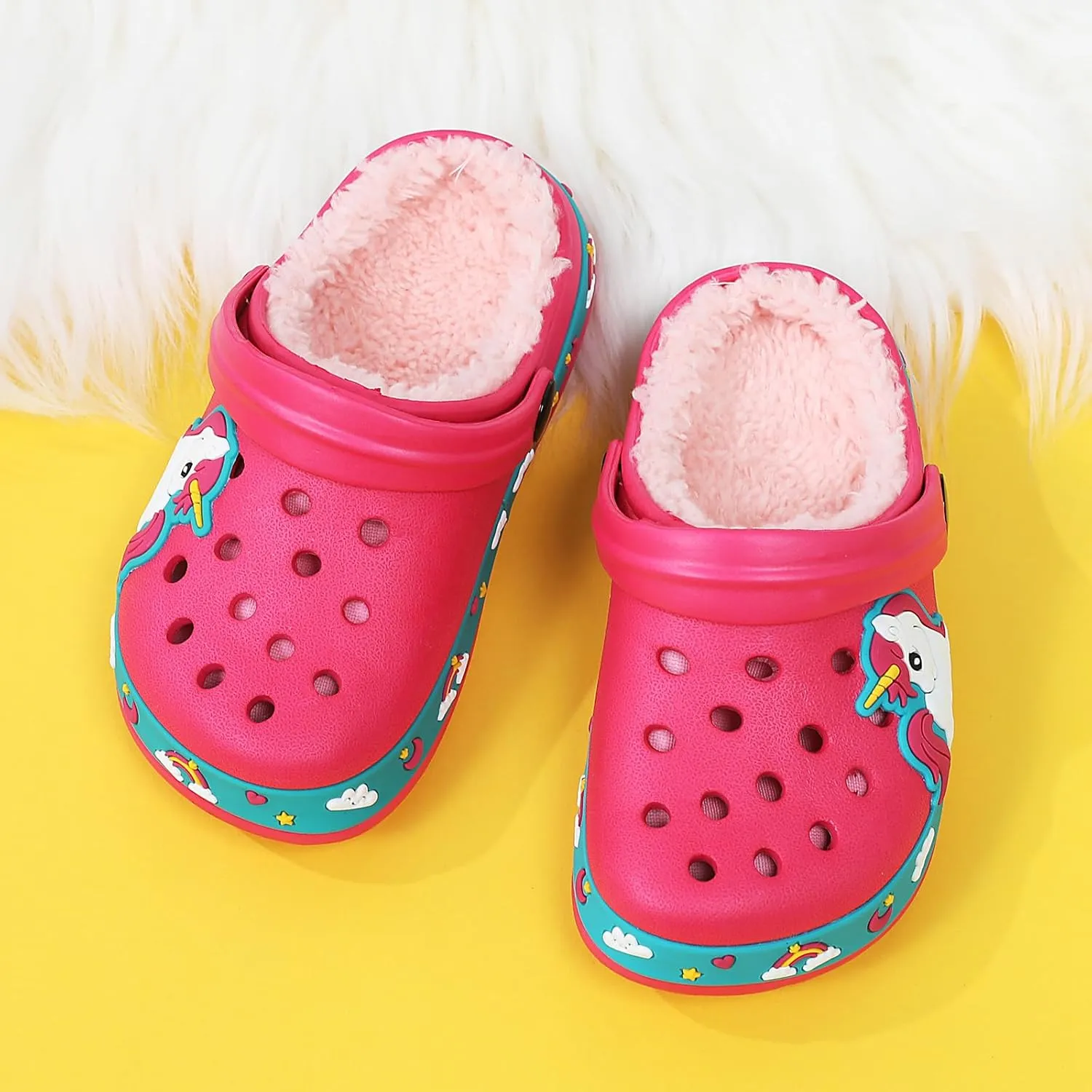 CERYTHRINA Kids Fur Lined Garden Clogs: Cartoon Sandals - Fleece Winter Warm House Slippers for Boys Girls Toddler