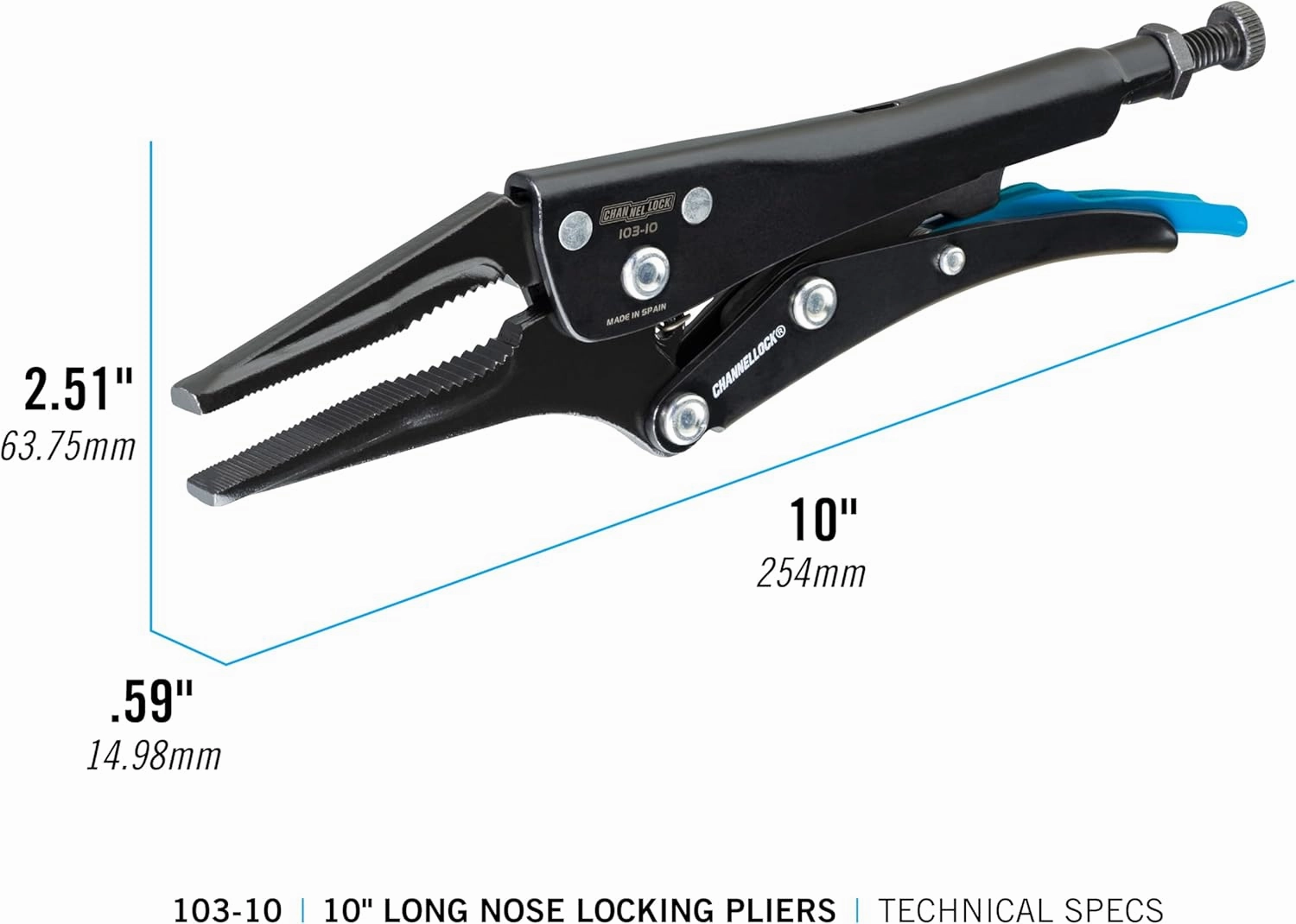 Channellock 103-10 10” Combination Long Nose Locking Pliers, Epoxy Resin Coating, Forged Steel, Long Nose for Maximum Clearance in Confined Work Environments