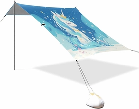 Chic Unicorns Light Blue Beach Canopy UPF50  Protection Easy Setup Sun Shade with Sandbags & Sand Shovel for Family Travel