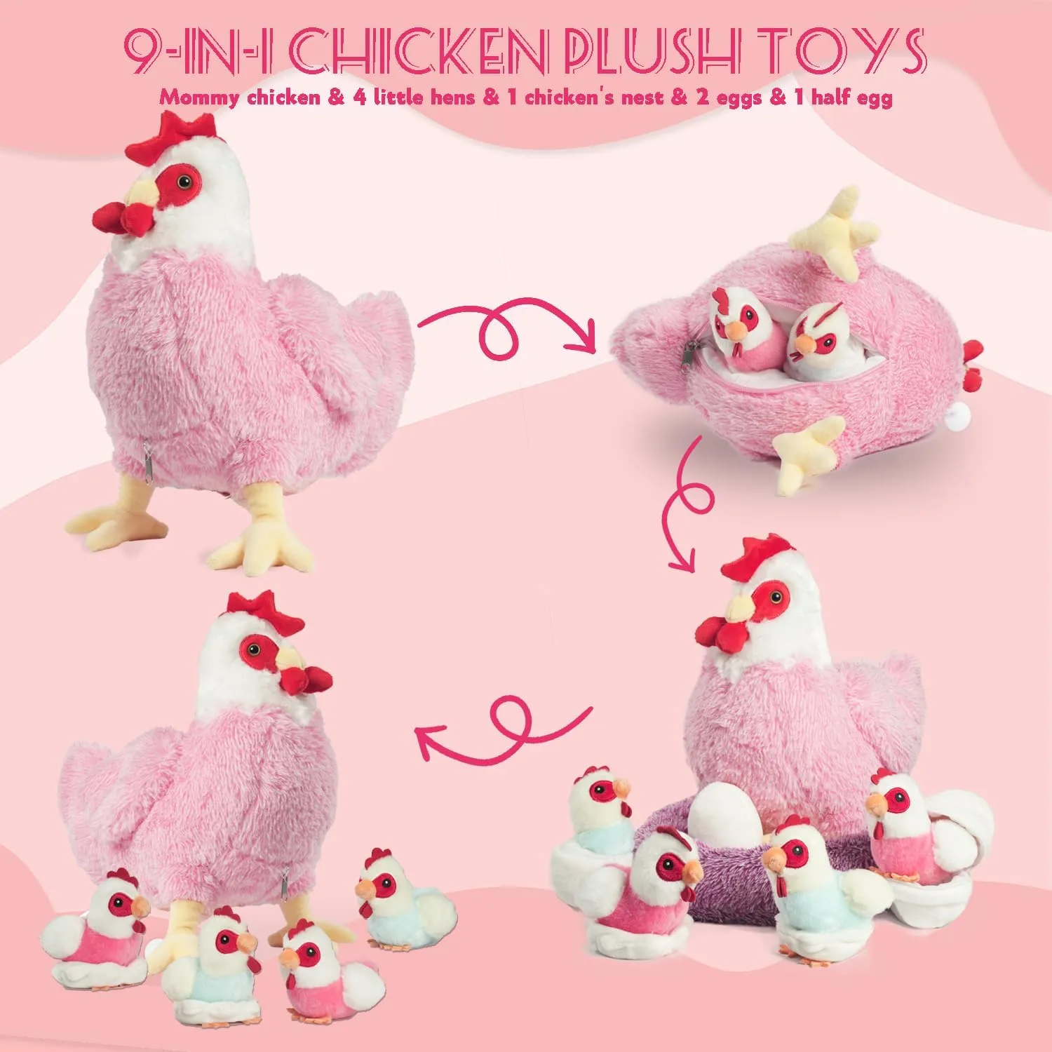 Chicken Stuffed Animal Plush Toy, 9 in 1 Egg Laying Hen with Zippered Belly for Kids, Mommy Hen with Baby Chicks and Coop for Boys Girls Birthday Christmas Back to School Gift