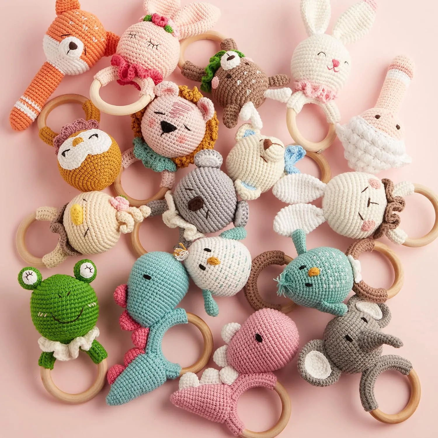 Chippi & Co Wooden Crochet Baby Rattle, Crochet Toys Stuffed Animals Easter Gifts for Kids, Newborn Toys, Easter Basket Stuffers, Basket Filler, Baby Shower Decor (Doodoo The Blue Dinosaur)