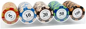 Chips，Round Chips,Texas Hold'em, Baccarat, Flush, Casino Clay Denomination Chips.20 Tablets of 5 denominations, 100 Tablets in Total