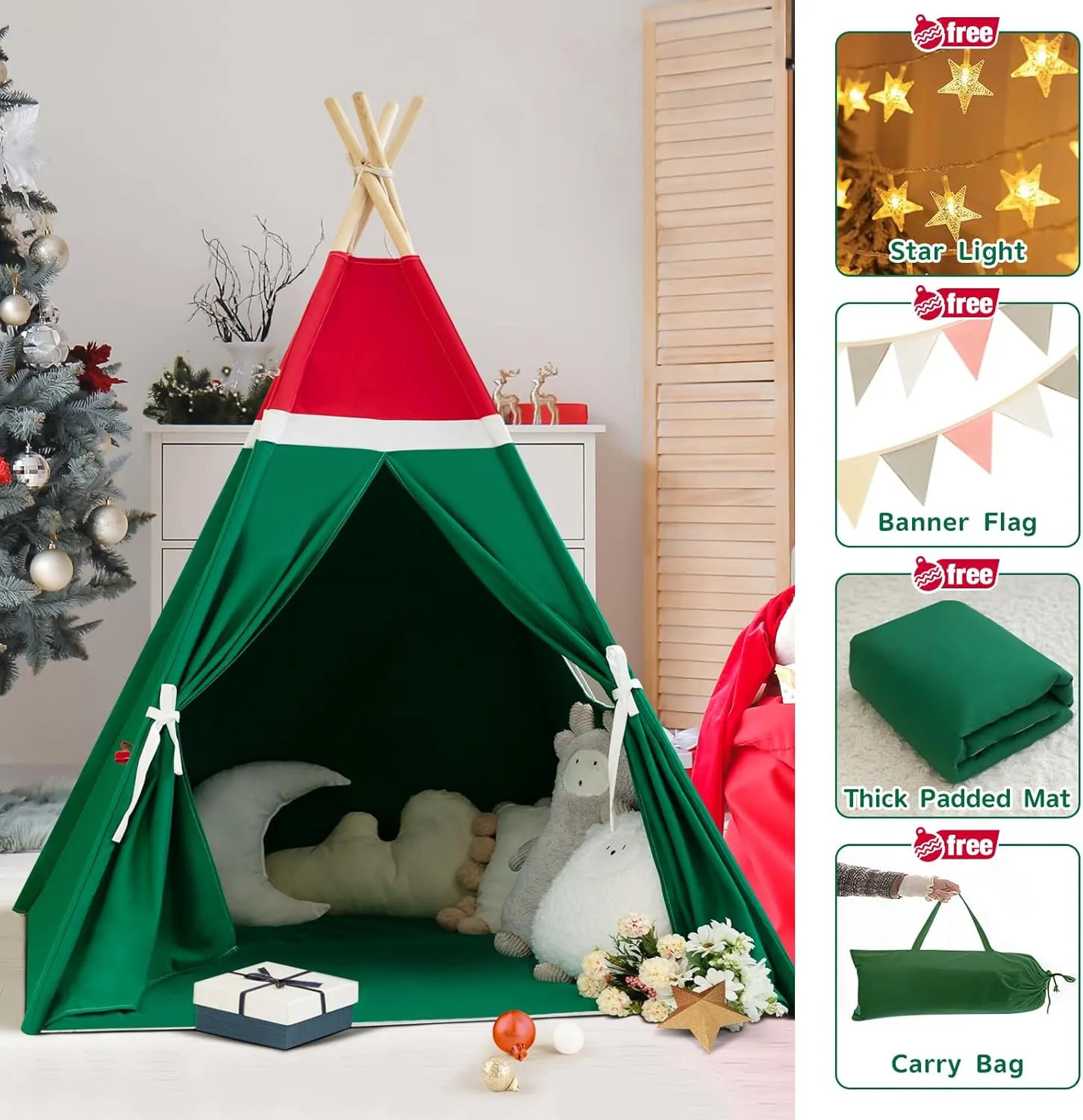 Christmas Tent for Kids with Padded Mat Cotton Canvas Teepee Tent Indoor for Toddlers Kids Play Tent for Girls Boys with Stars Lights, Carry Bag, Banner Flag (Christmas)
