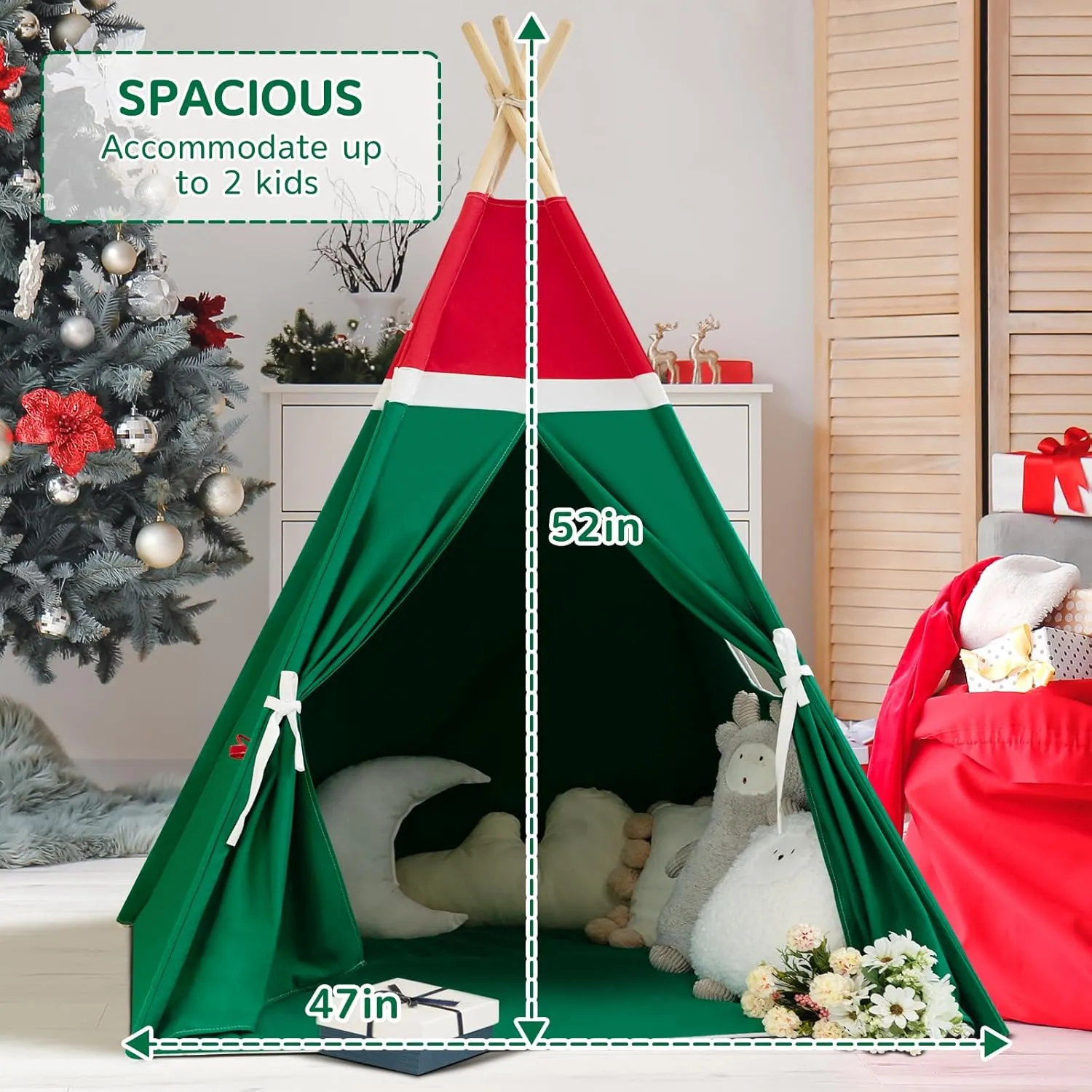 Christmas Tent for Kids with Padded Mat Cotton Canvas Teepee Tent Indoor for Toddlers Kids Play Tent for Girls Boys with Stars Lights, Carry Bag, Banner Flag (Christmas)