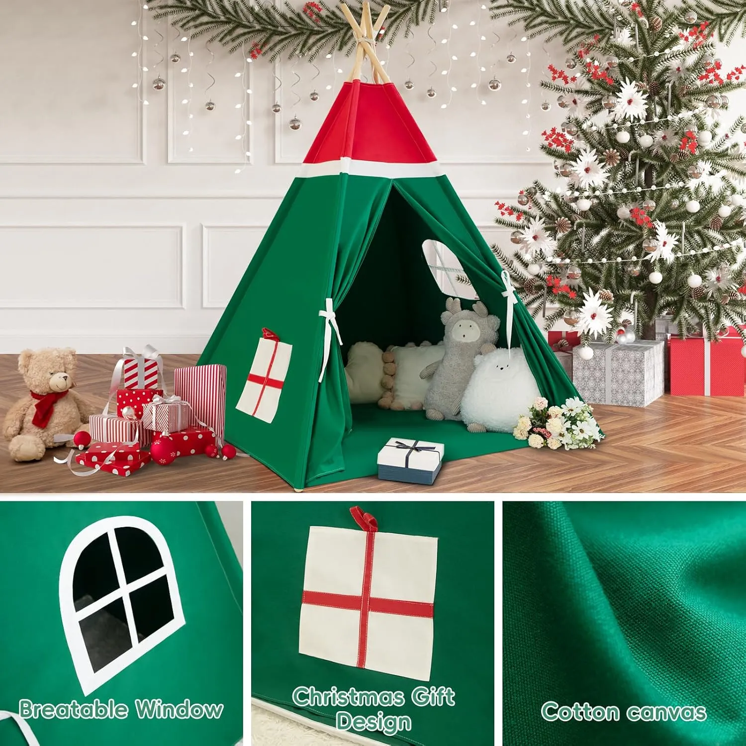 Christmas Tent for Kids with Padded Mat Cotton Canvas Teepee Tent Indoor for Toddlers Kids Play Tent for Girls Boys with Stars Lights, Carry Bag, Banner Flag (Christmas)