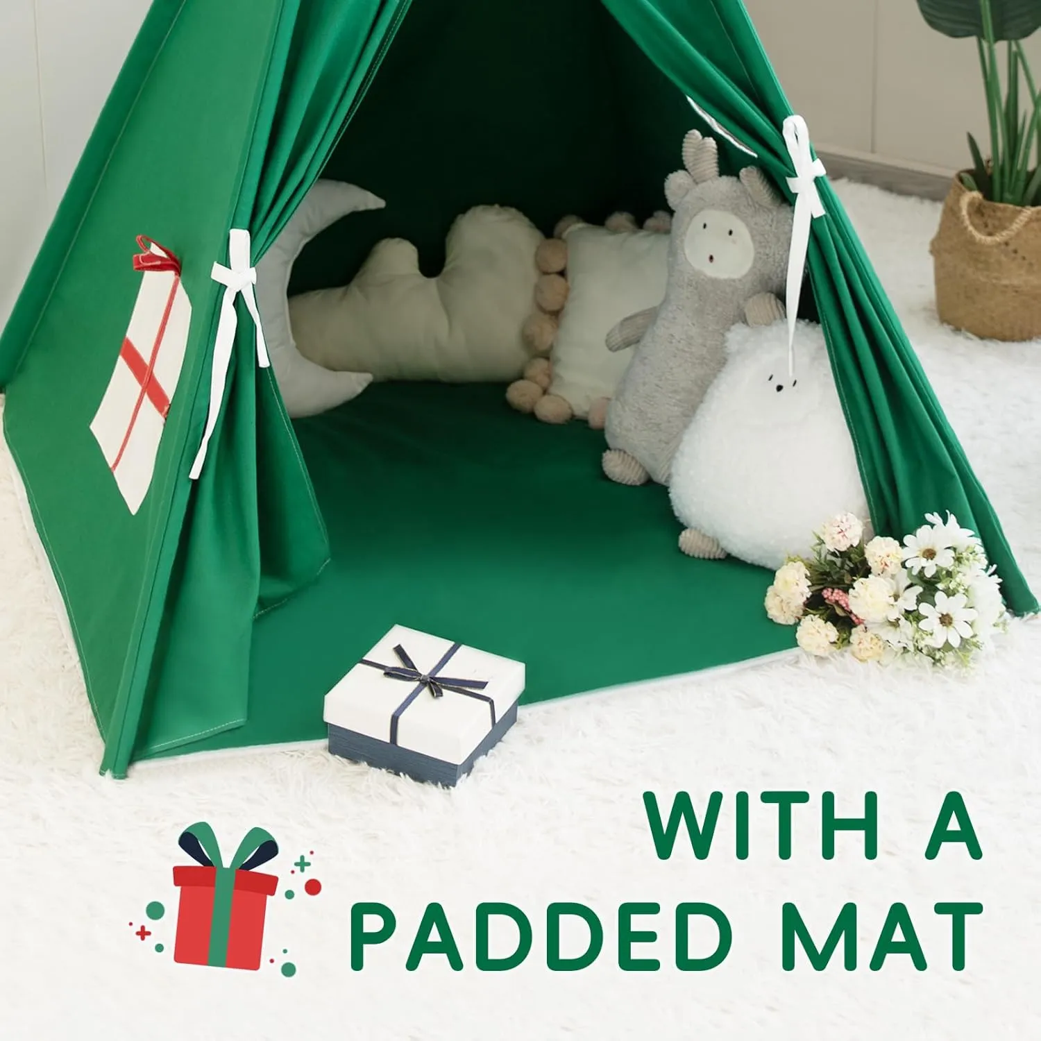 Christmas Tent for Kids with Padded Mat Cotton Canvas Teepee Tent Indoor for Toddlers Kids Play Tent for Girls Boys with Stars Lights, Carry Bag, Banner Flag (Christmas)