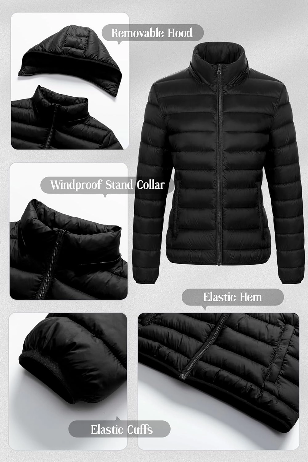 Chrisuno Women's Lightweight Short Puffer Jacket Packable Quilt Warm Winter Coat with Removable Hood
