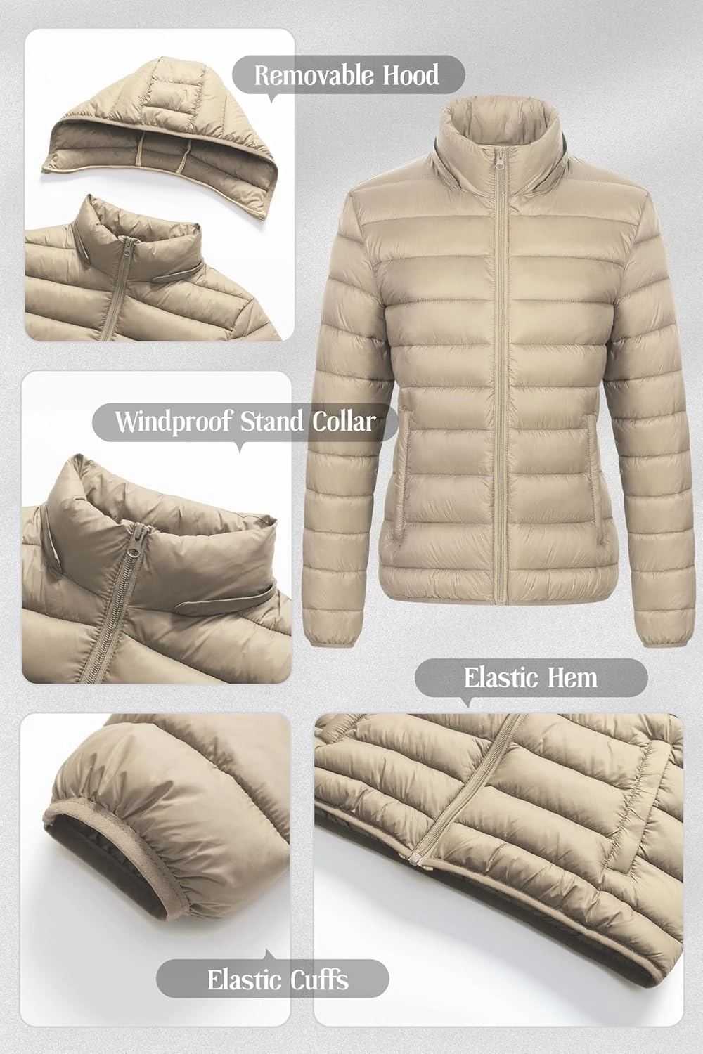 Chrisuno Women's Lightweight Short Puffer Jacket Packable Quilt Warm Winter Coat with Removable Hood