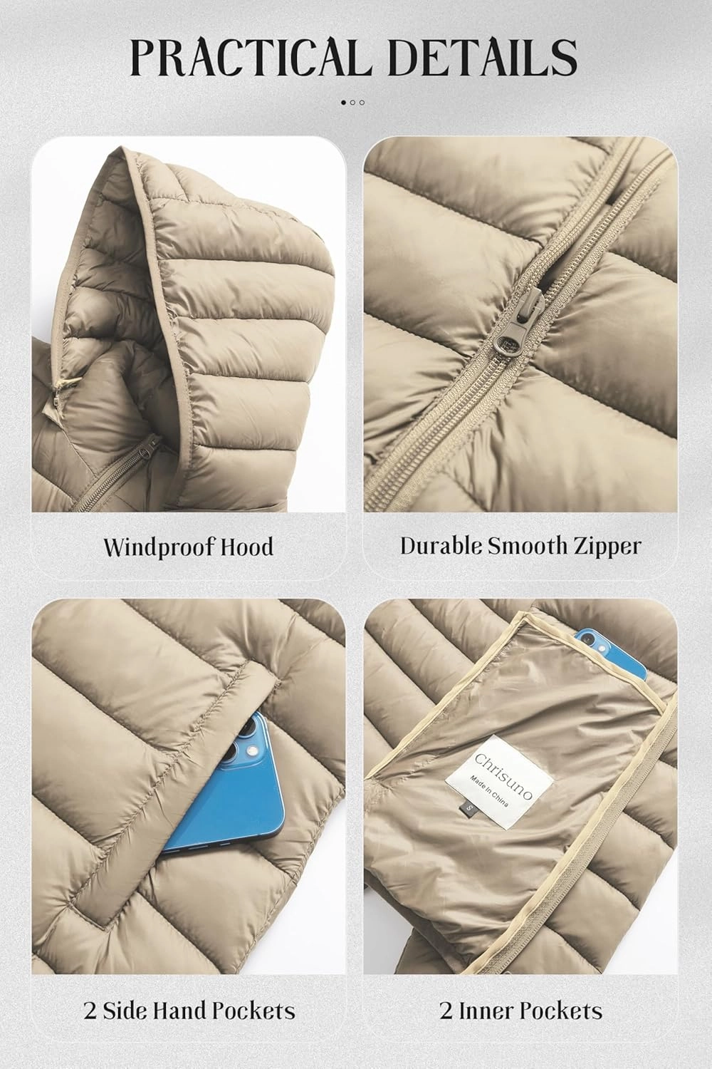 Chrisuno Women's Lightweight Short Puffer Jacket Packable Quilt Warm Winter Coat with Removable Hood