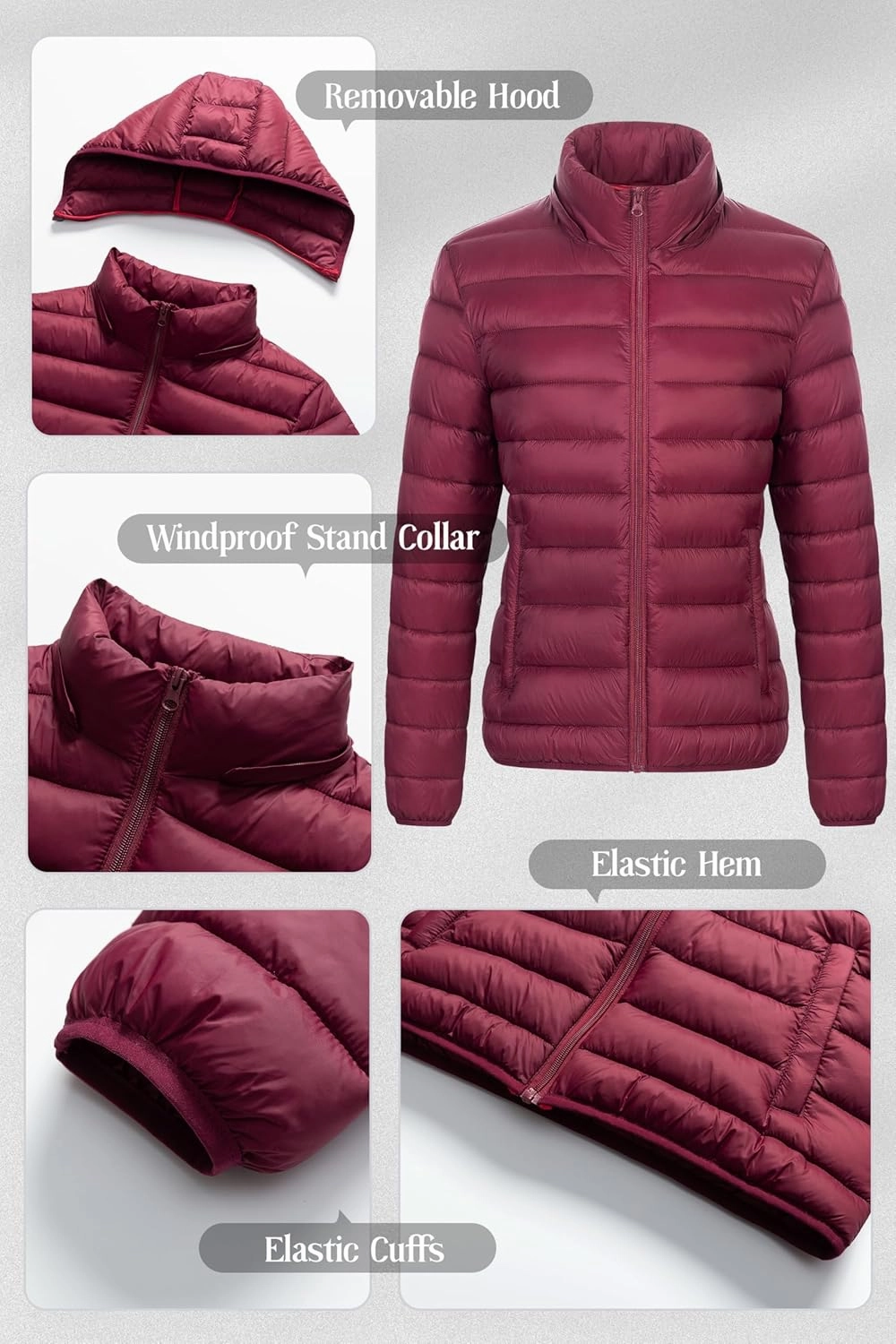 Chrisuno Women's Lightweight Short Puffer Jacket Packable Quilt Warm Winter Coat with Removable Hood