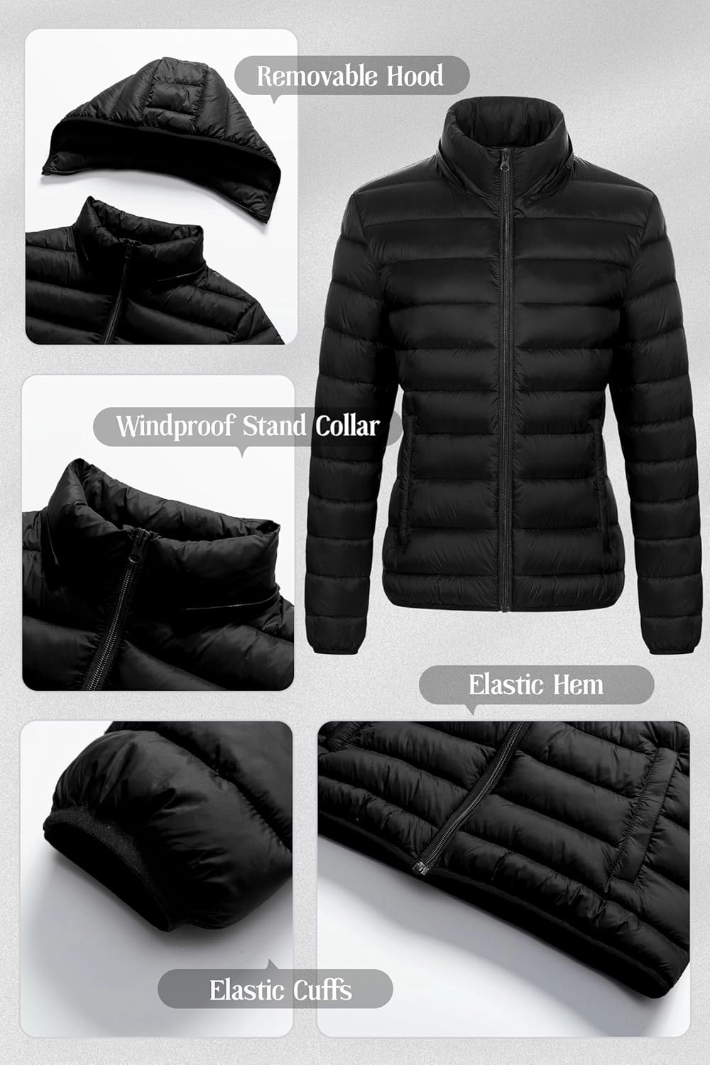 Chrisuno Women's Lightweight Short Puffer Jacket Packable Quilt Warm Winter Coat with Removable Hood