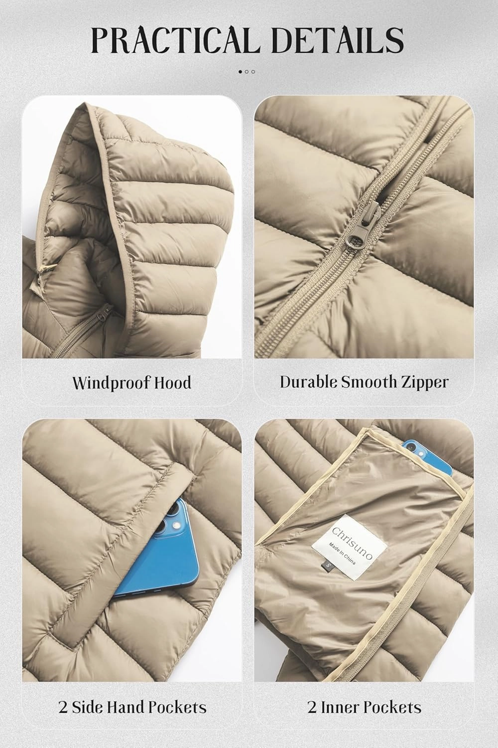 Chrisuno Women's Lightweight Short Puffer Jacket Packable Quilt Warm Winter Coat with Removable Hood