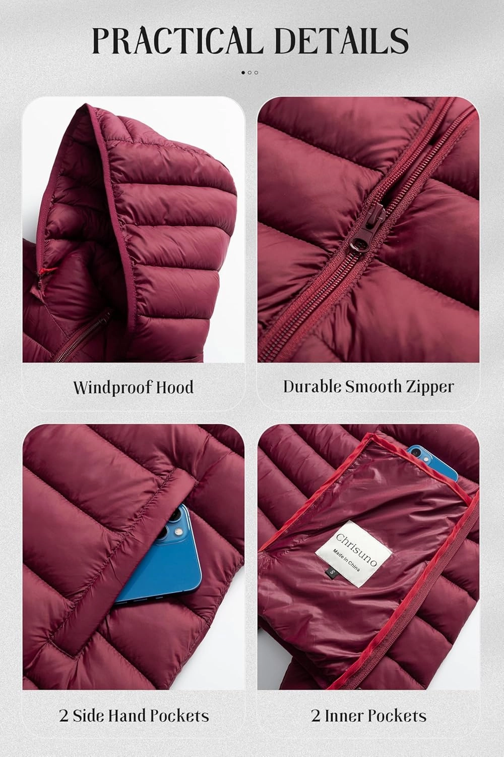 Chrisuno Women's Lightweight Short Puffer Jacket Packable Quilt Warm Winter Coat with Removable Hood