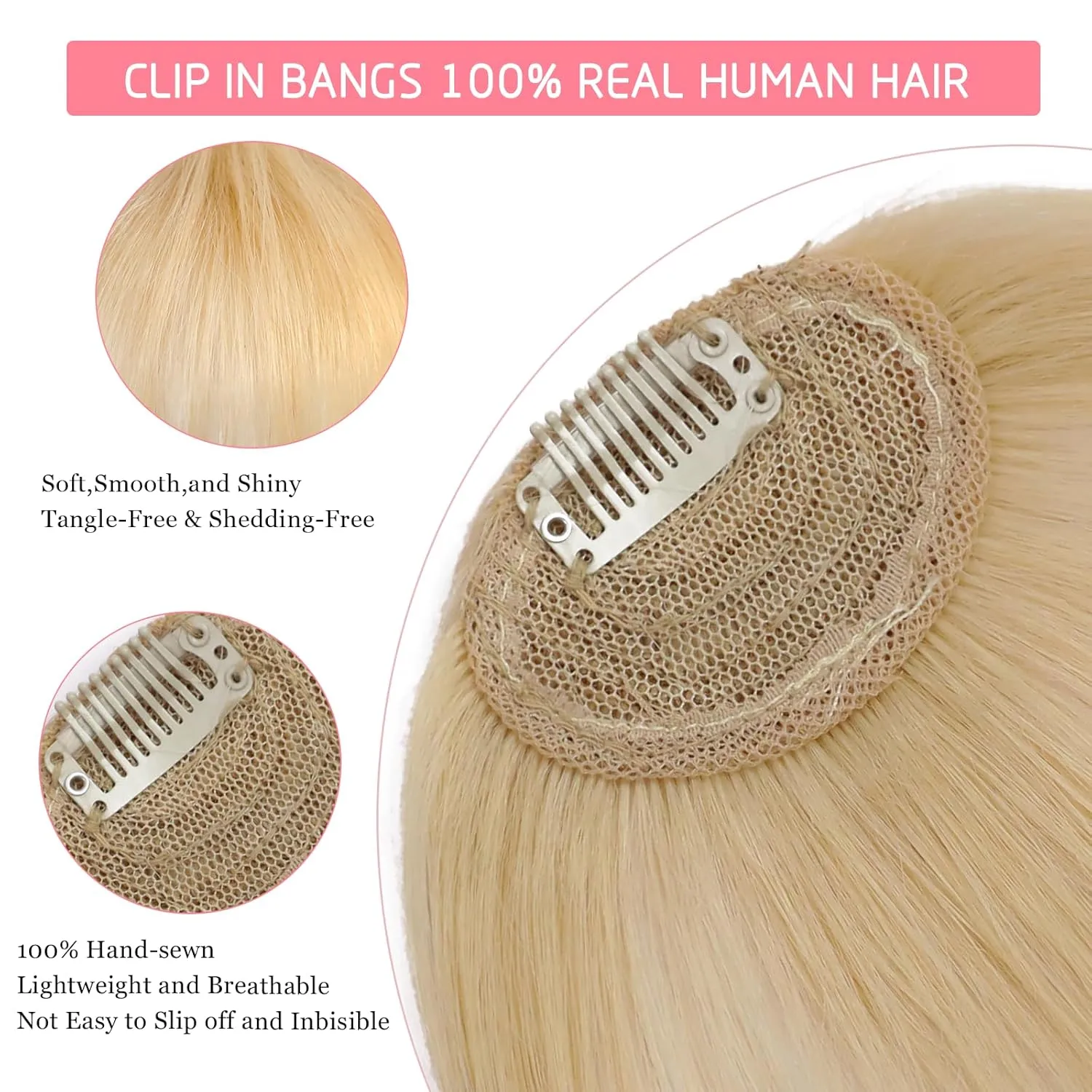 Clip in Bangs 100% Human Hair Extensions Light-weight Fake Curtain French Clip-on Bang with Temples Invisible Natural Front Clips on Hairpeces for Women Party Daily Use Bleach Blonde