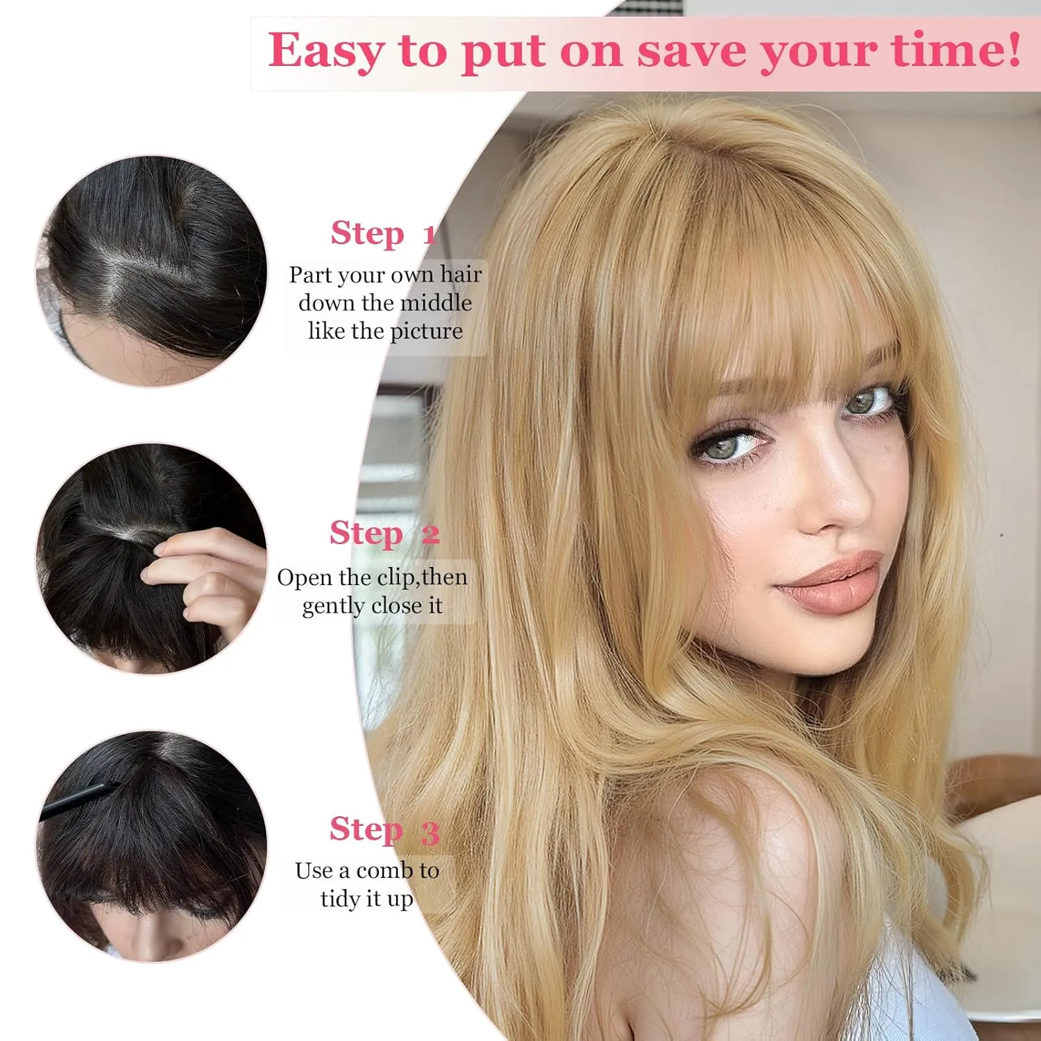 Clip in Bangs 100% Human Hair Extensions Light-weight Fake Curtain French Clip-on Bang with Temples Invisible Natural Front Clips on Hairpeces for Women Party Daily Use Bleach Blonde