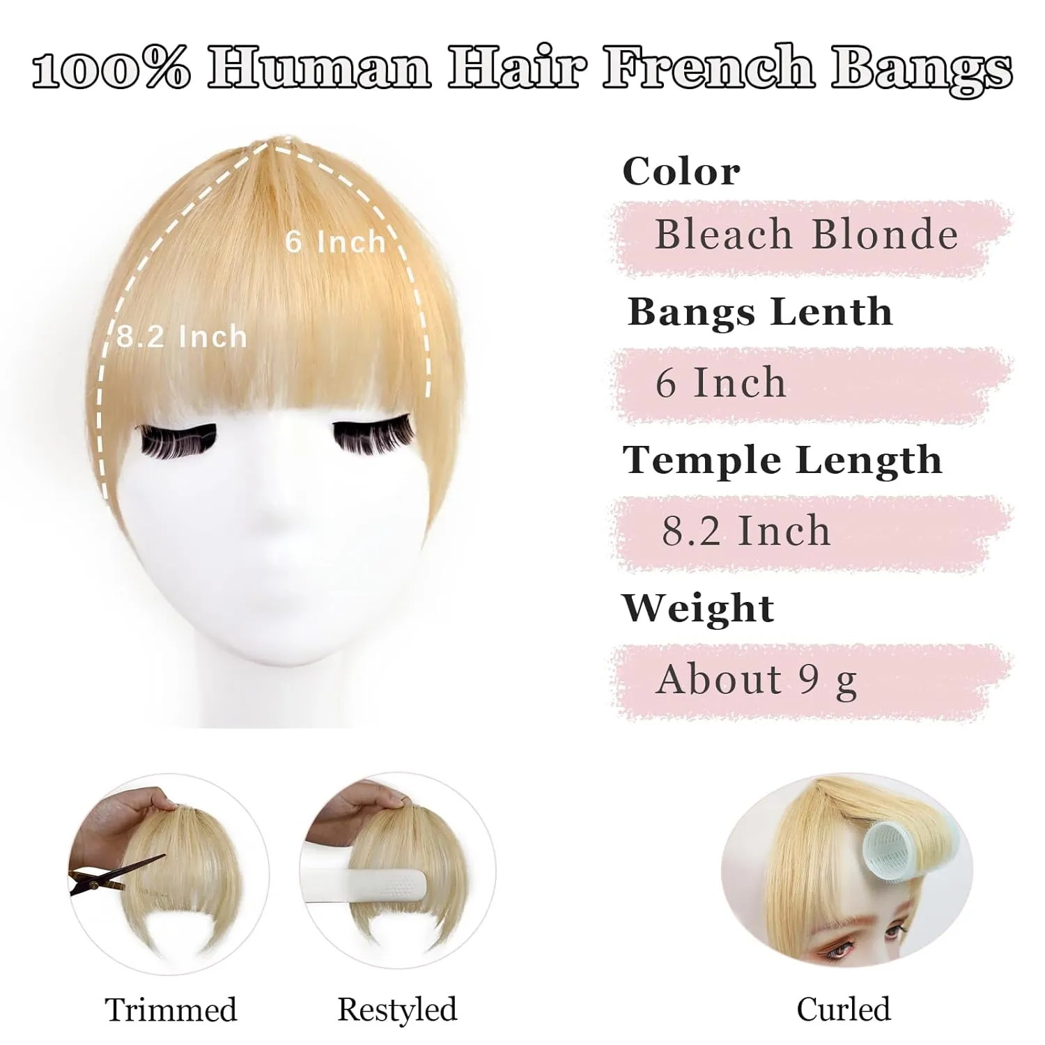 Clip in Bangs 100% Human Hair Extensions Light-weight Fake Curtain French Clip-on Bang with Temples Invisible Natural Front Clips on Hairpeces for Women Party Daily Use Bleach Blonde