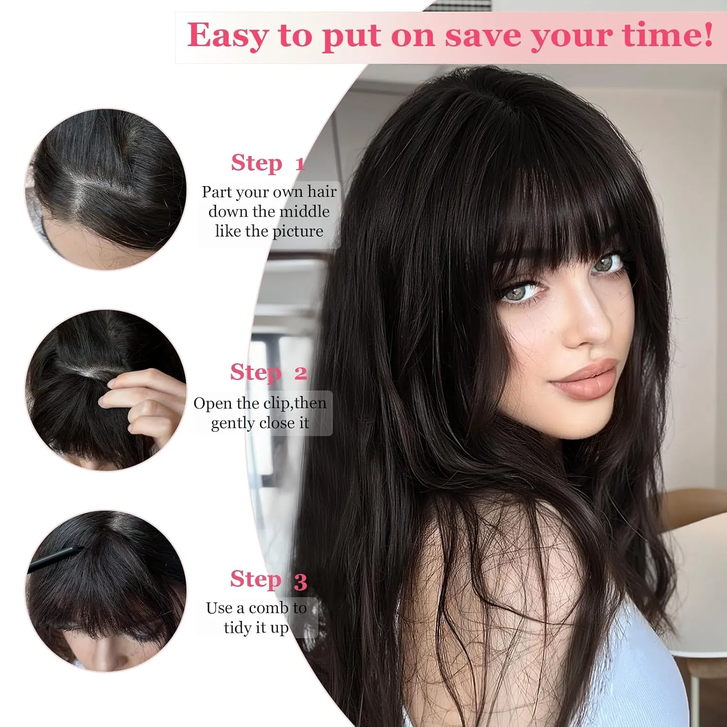 Clip in Bangs 100% Real Human Hair Extensions Invisible Fake Curtain Curved French Fringe Bang with Temples Faux Natural Clips on Hairpieces for Women Girls Party Daily Use Black Brown