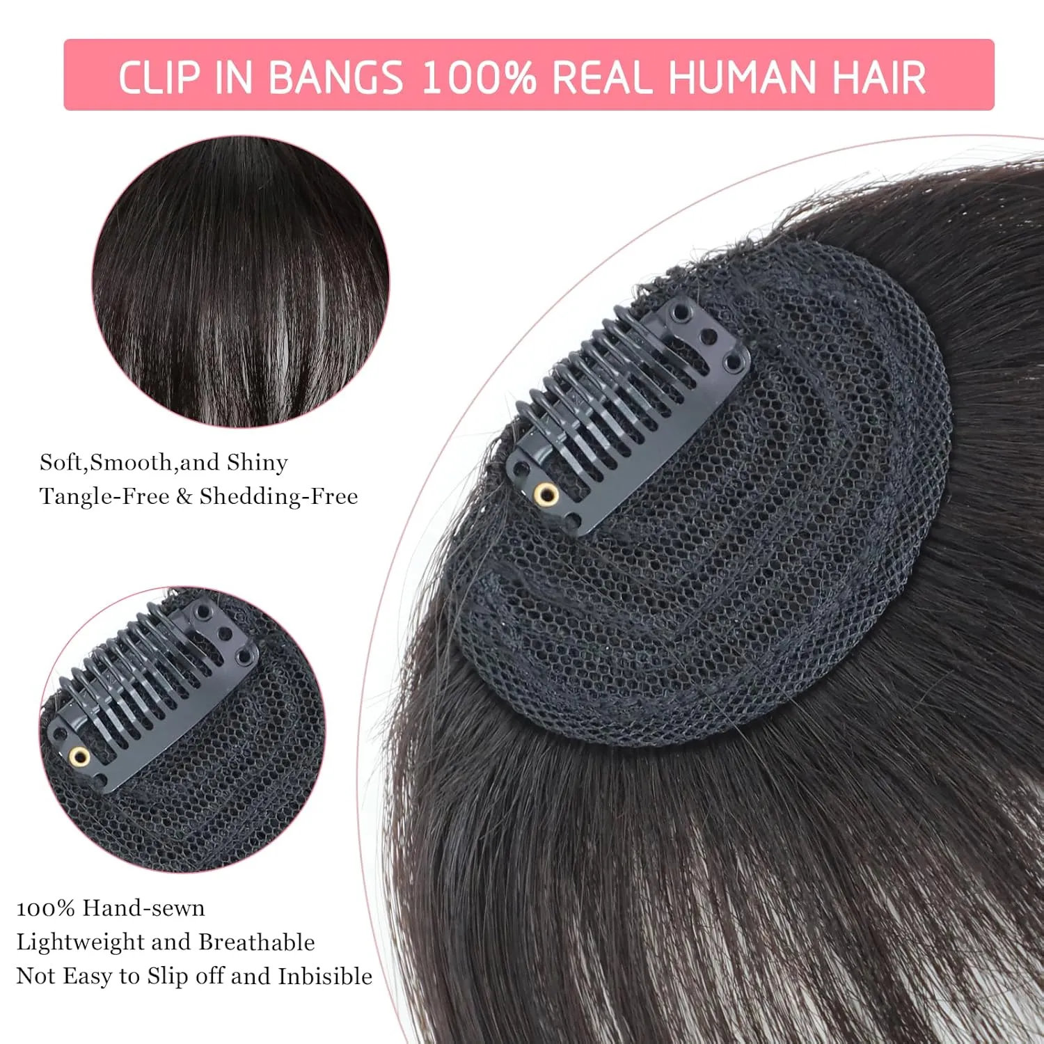 Clip in Bangs 100% Real Human Hair Extensions Invisible Fake Curtain Curved French Fringe Bang with Temples Faux Natural Clips on Hairpieces for Women Girls Party Daily Use Black Brown