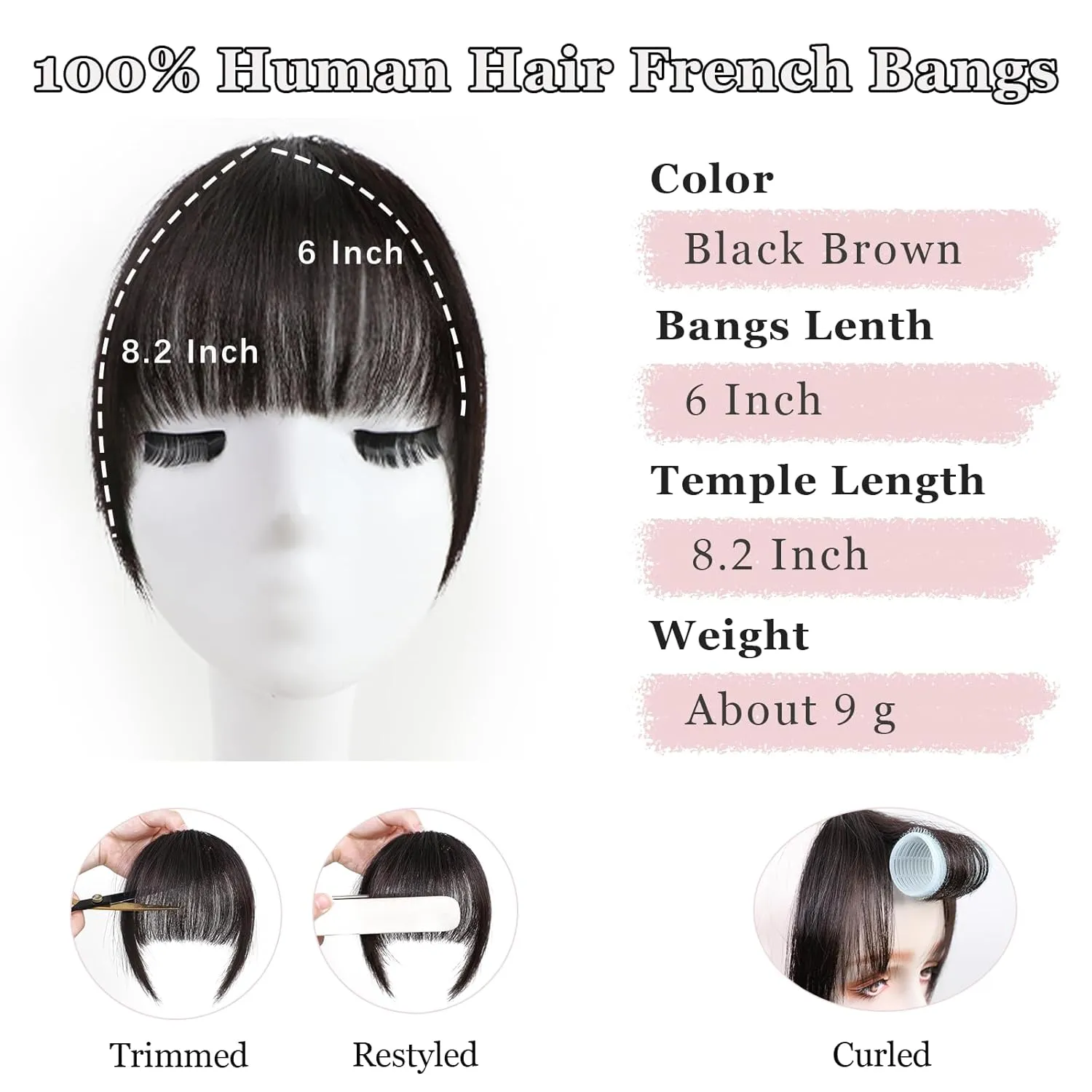 Clip in Bangs 100% Real Human Hair Extensions Invisible Fake Curtain Curved French Fringe Bang with Temples Faux Natural Clips on Hairpieces for Women Girls Party Daily Use Black Brown