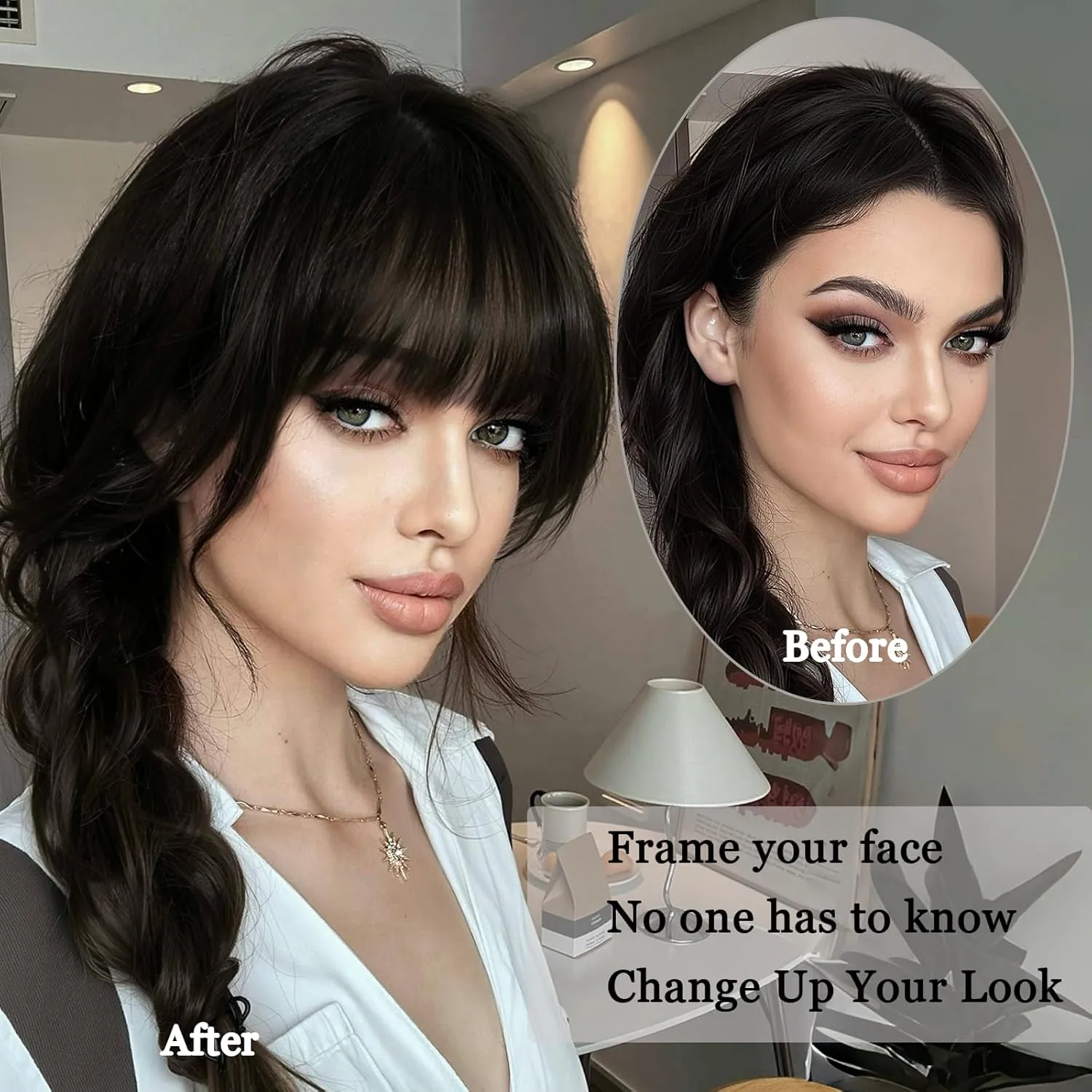 Clip in Bangs 100% Real Human Hair Extensions Invisible Fake Curtain Curved French Fringe Bang with Temples Faux Natural Clips on Hairpieces for Women Girls Party Daily Use Black Brown