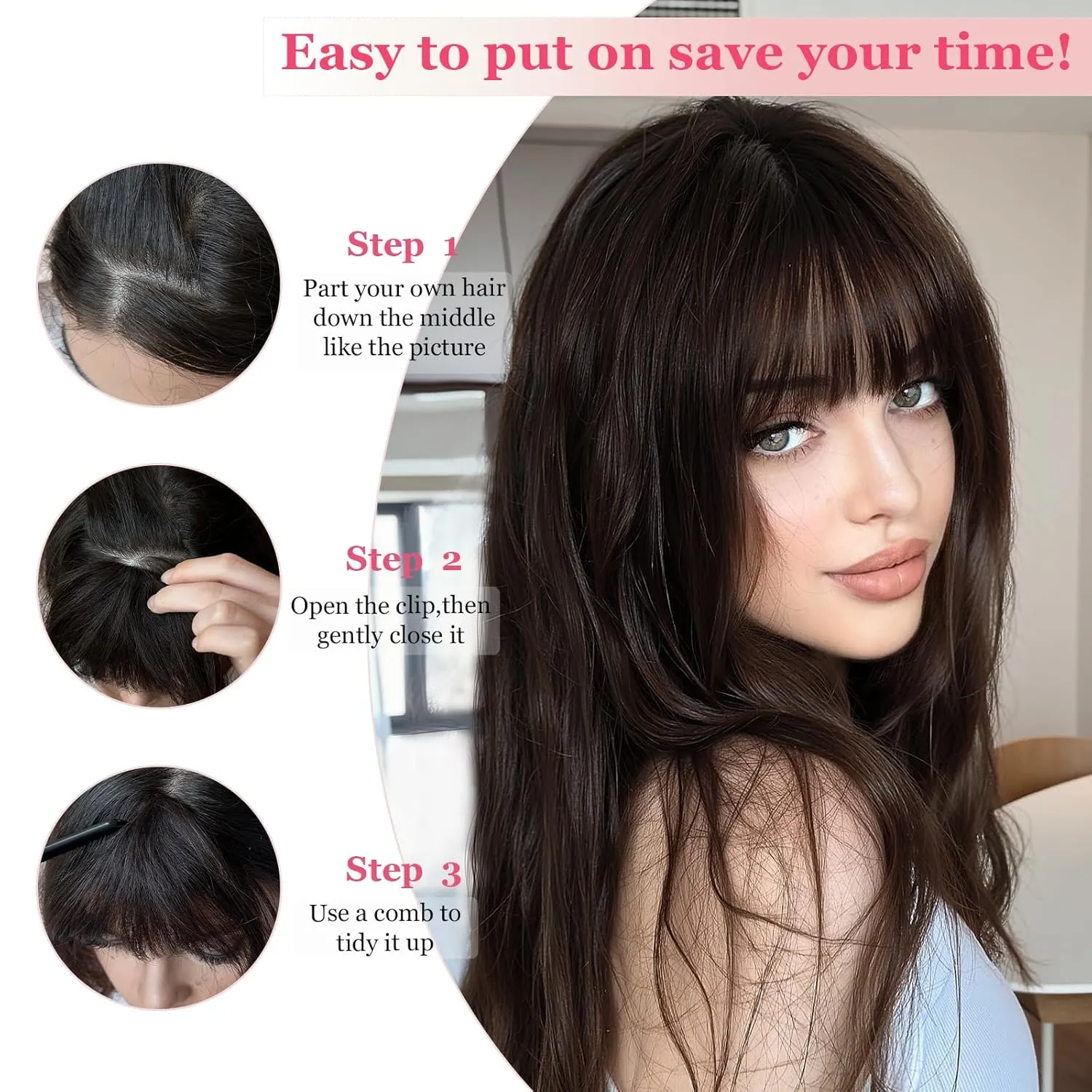 Clip in Bangs 100% Real Human Hair Extensions Invisible Fake Curtain Curved French Fringe Bang with Temples Faux Natural Clips on Hairpieces for Women Girls Party Daily Use Dark Brown