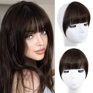 Clip in Bangs 100% Real Human Hair Extensions Invisible Fake Curtain Curved French Fringe Bang with Temples Faux Natural Clips on Hairpieces for Women Girls Party Daily Use Dark Brown