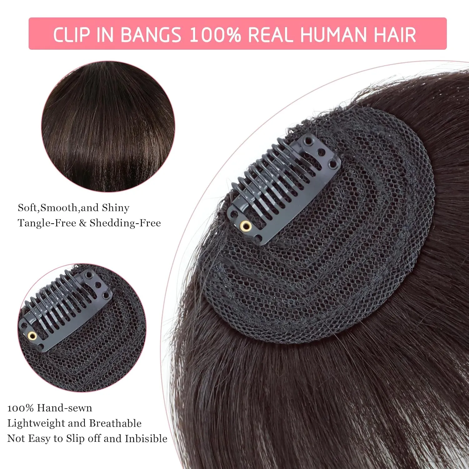 Clip in Bangs 100% Real Human Hair Extensions Invisible Fake Curtain Curved French Fringe Bang with Temples Faux Natural Clips on Hairpieces for Women Girls Party Daily Use Dark Brown