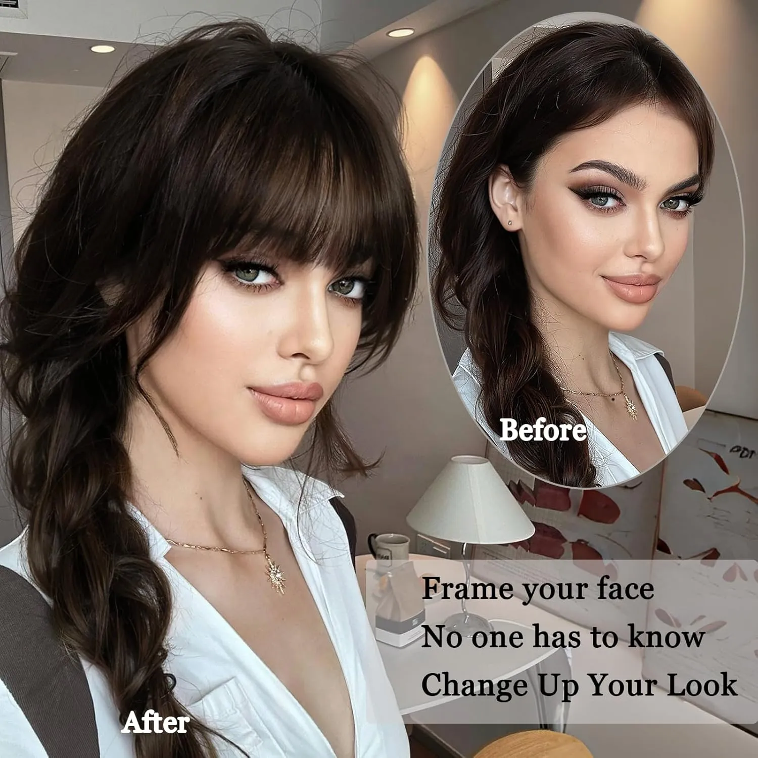 Clip in Bangs 100% Real Human Hair Extensions Invisible Fake Curtain Curved French Fringe Bang with Temples Faux Natural Clips on Hairpieces for Women Girls Party Daily Use Dark Brown