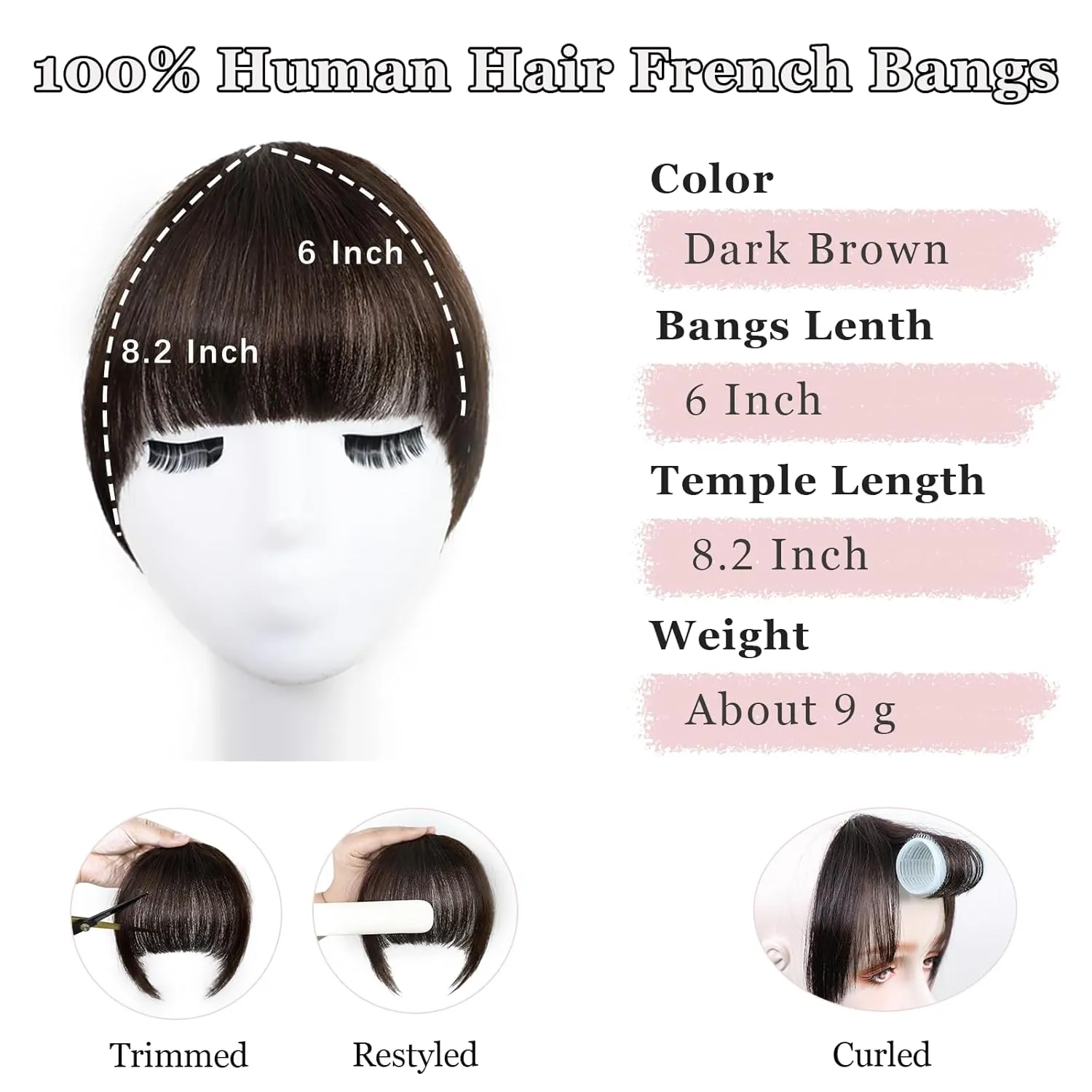 Clip in Bangs 100% Real Human Hair Extensions Invisible Fake Curtain Curved French Fringe Bang with Temples Faux Natural Clips on Hairpieces for Women Girls Party Daily Use Dark Brown