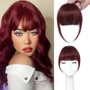 Clip in French Bangs - Real Human Hair, Burgundy, Curved Bangs for Daily Wear