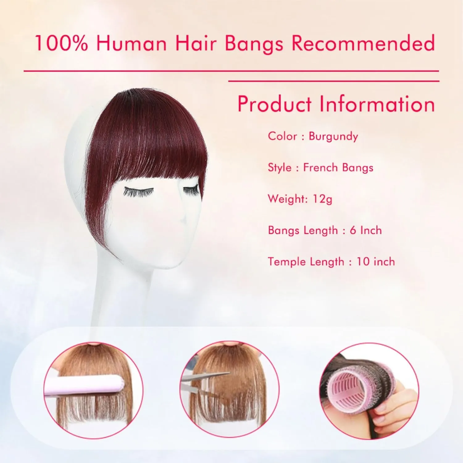 Clip in French Bangs - Real Human Hair, Burgundy, Curved Bangs for Daily Wear