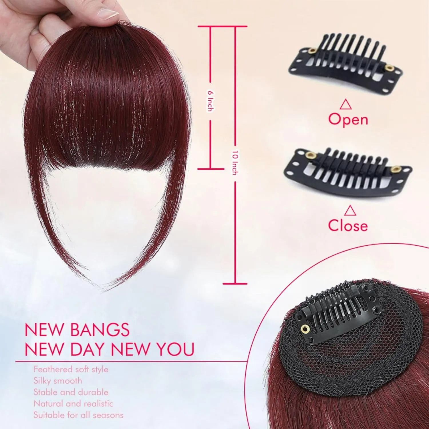 Clip in French Bangs - Real Human Hair, Burgundy, Curved Bangs for Daily Wear